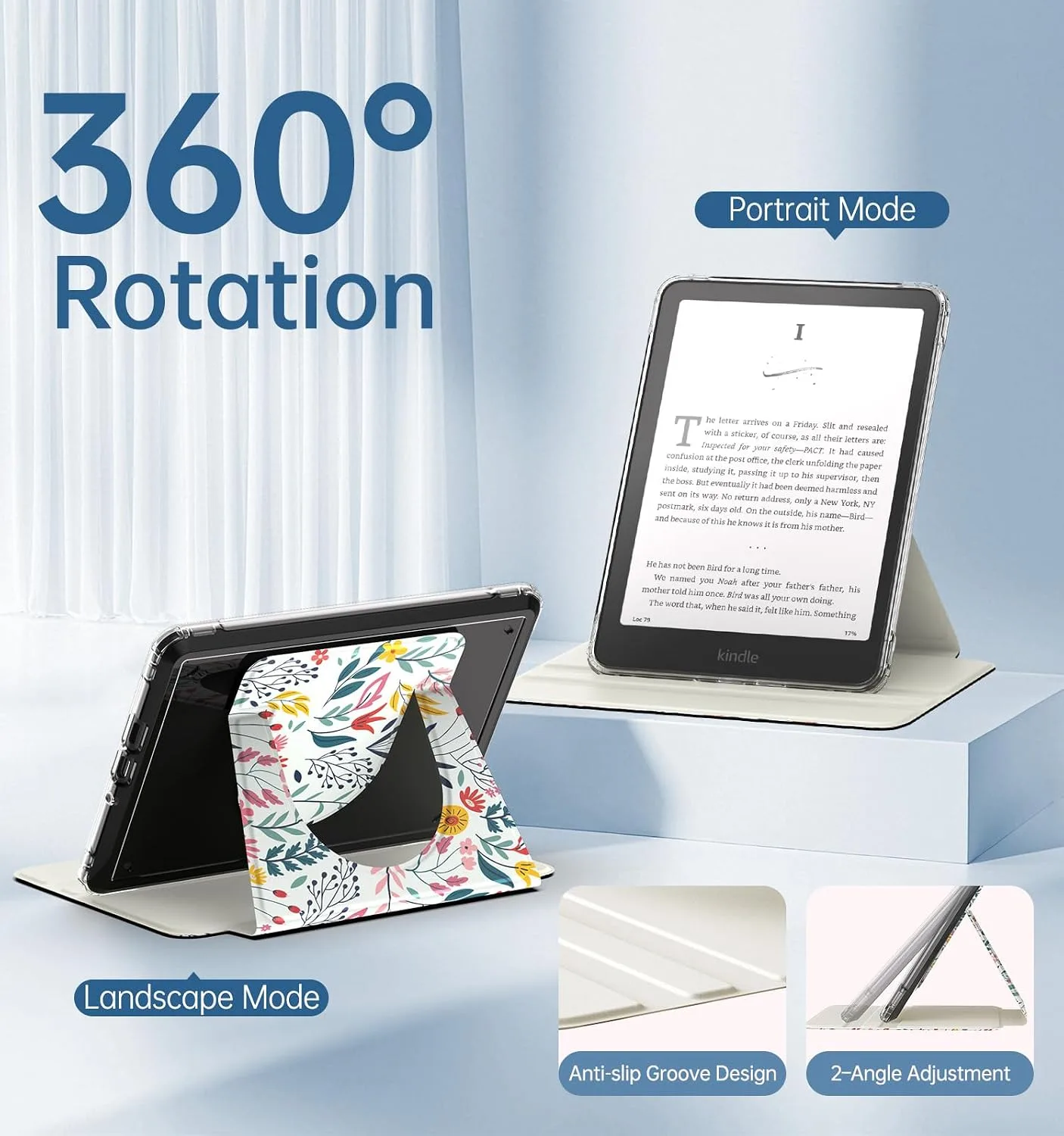 MoKo 360°Rotating Case for 7" Kindle Paperwhite 12th Gen/Colorsoft, Flowers