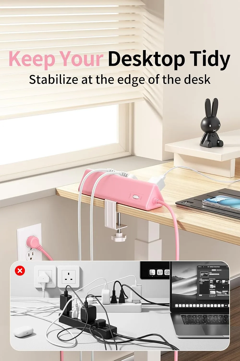 AnnTane Desk Clamp Power Strip USBC, 40W Fast Charging, 6.5 Ft, Pink