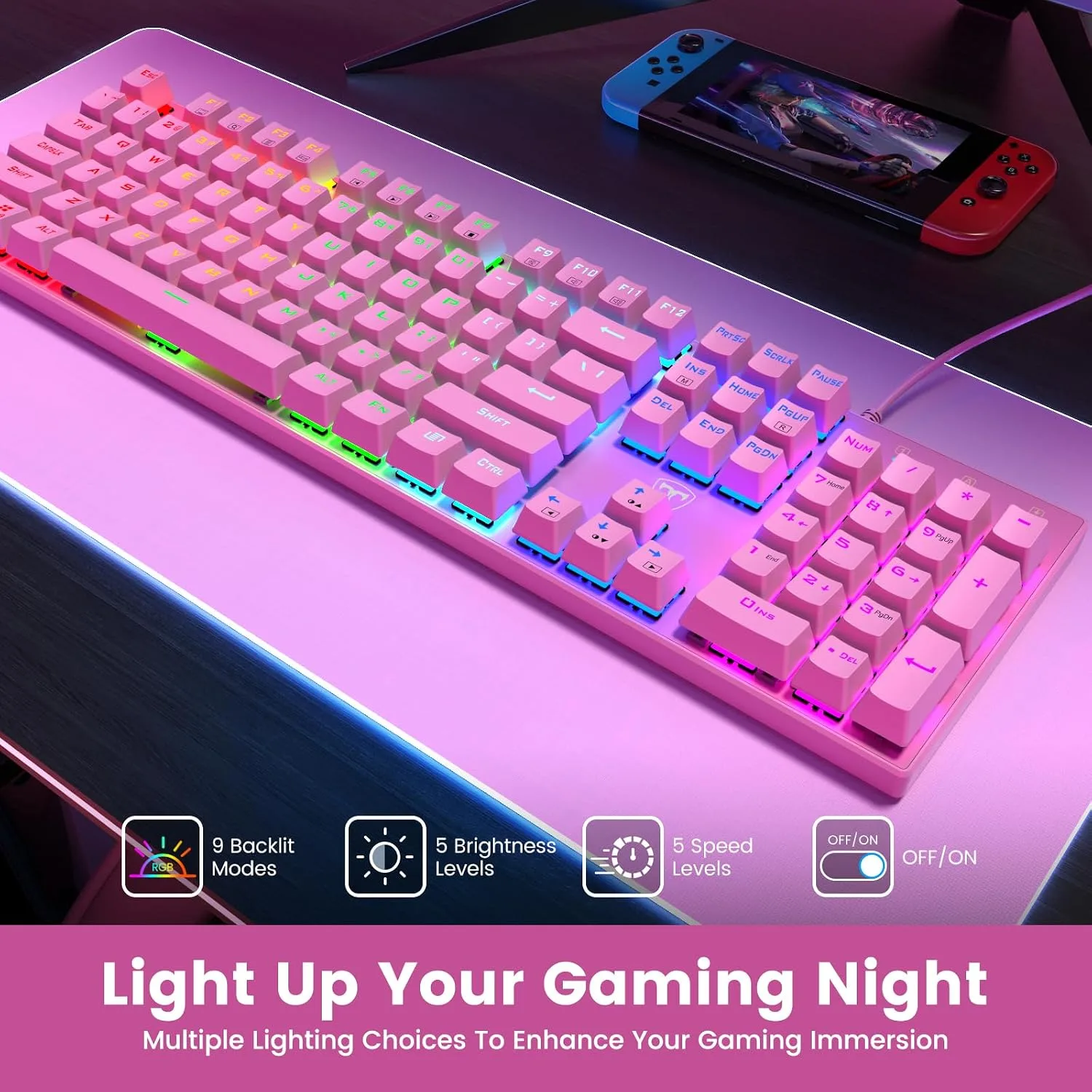 RisoPhy Mechanical Gaming Keyboard, Wired RGB 104 Keys, Blue Switch, Pink