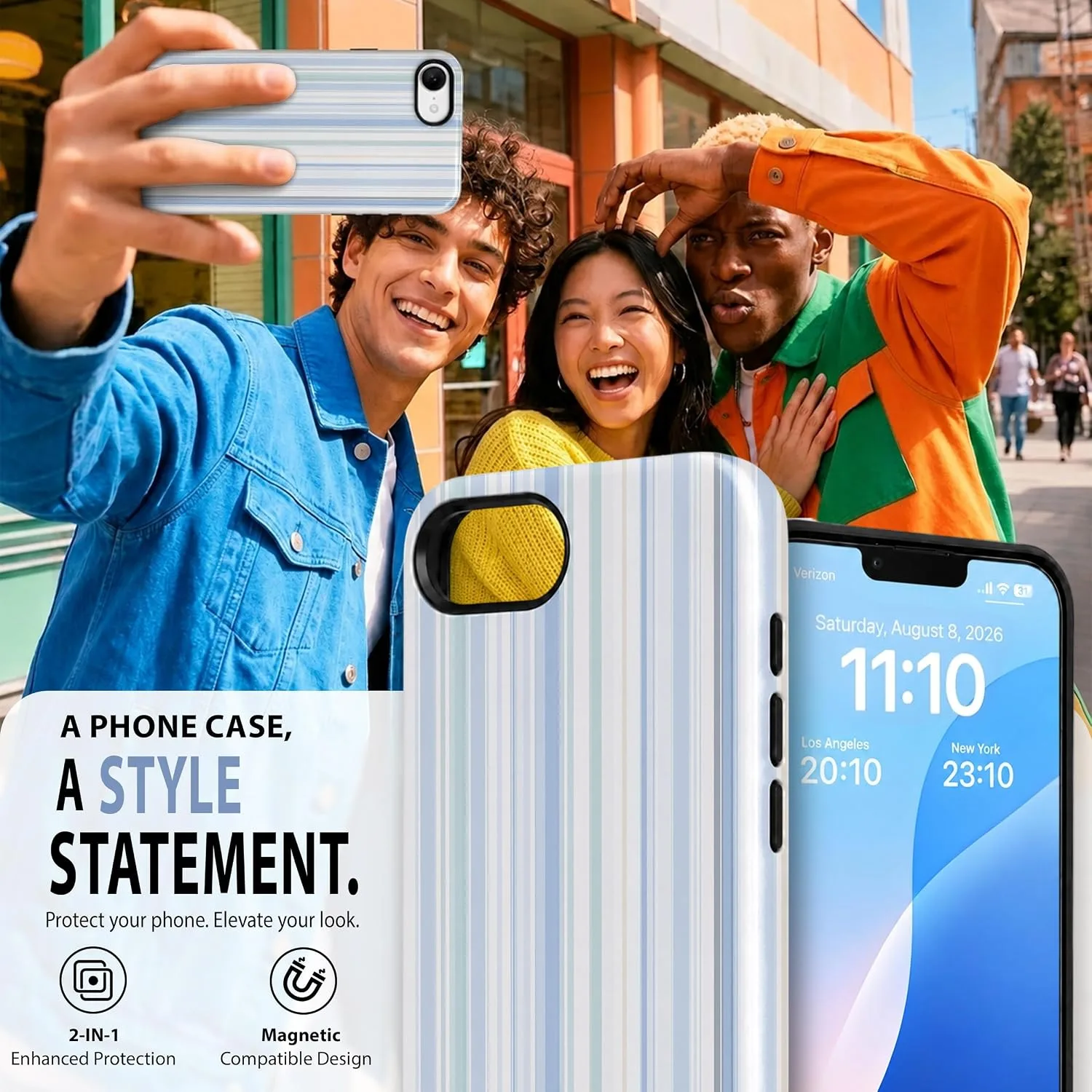 Magnetic for iPhone 16e/17e Phone Case, Cute Pastel Blue Striped