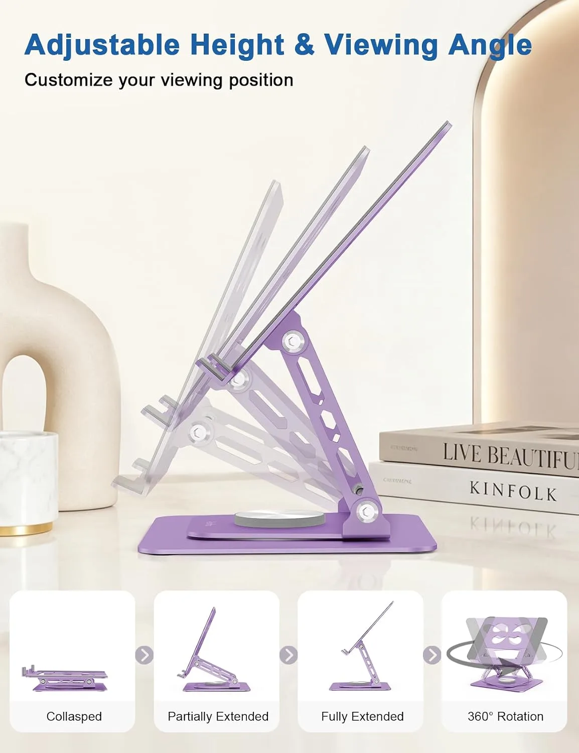 Aoviho Adjustable Laptop Stand for Desk - 360° Rotating Laptop Riser, Ergonomic Computer Stand Foldable Holder Compatible with MacBook Pro/Air, HP, Dell, Lenovo and Tablets Up to 16", Purple