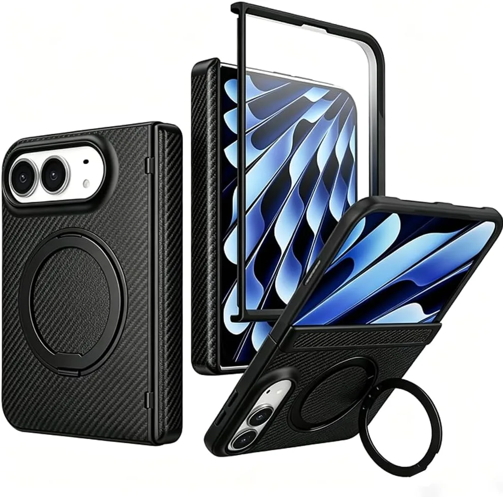 for iPhone Duo Case with Stand Compatible with MagSafe, Built-in Screen Protector & Kickstand & Hinge Protection, Carbon Fiber Texture Leather Shockproof Slim Phone Cover Black