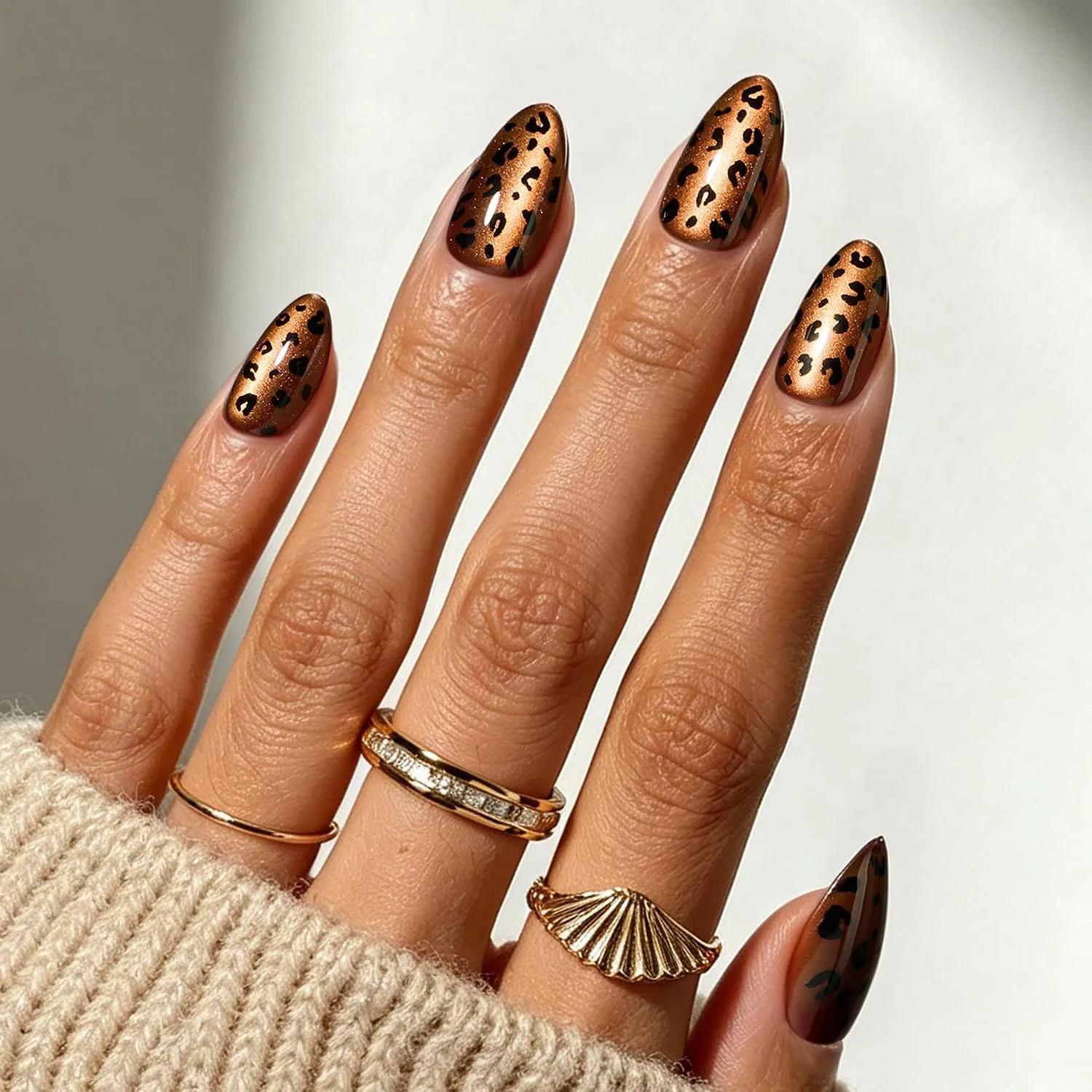 Beetles Leopard Cat Eye Press On Nails, Short Almond, 32 Count