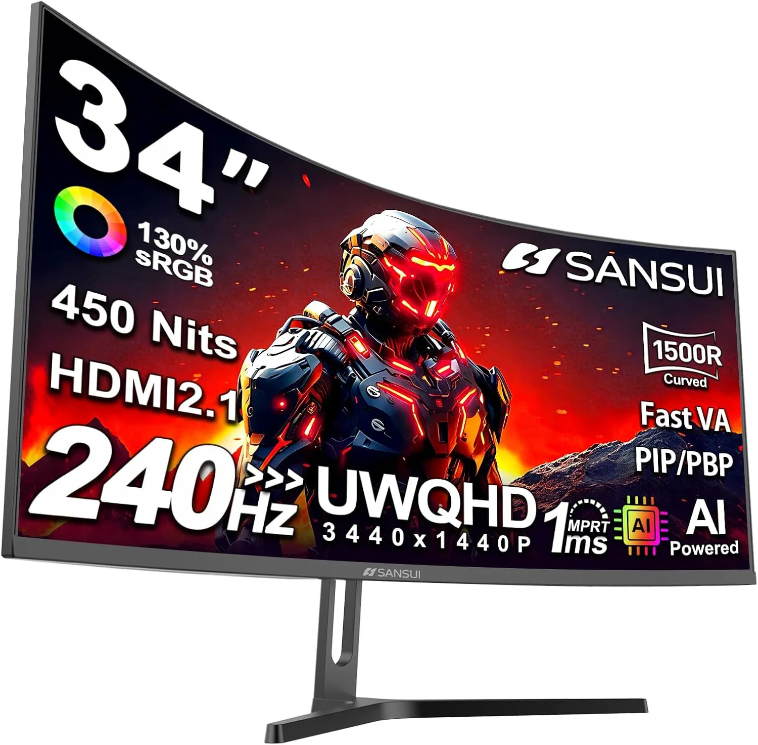 SANSUI 34 Inch Curved Monitor 240Hz UWQHD 3440×1440 Gaming Monitor