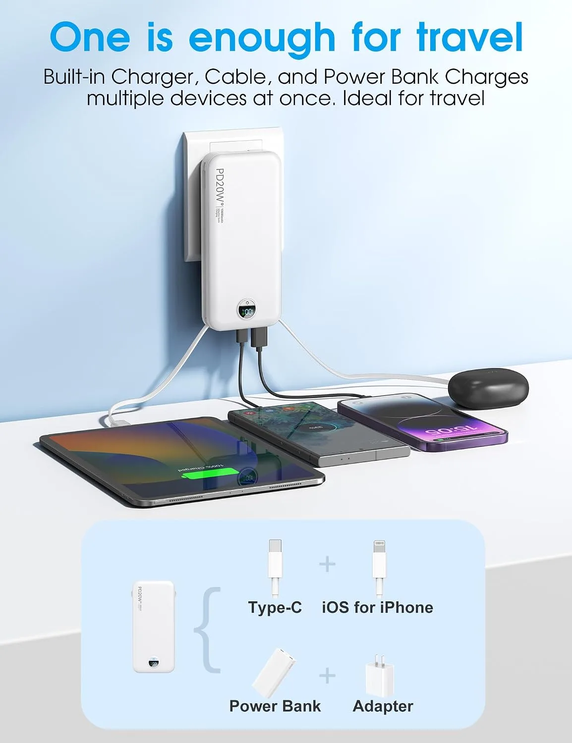 citicr Portable Charger 10000mAh PD20W w/Built-in Cables & Wall Plug White