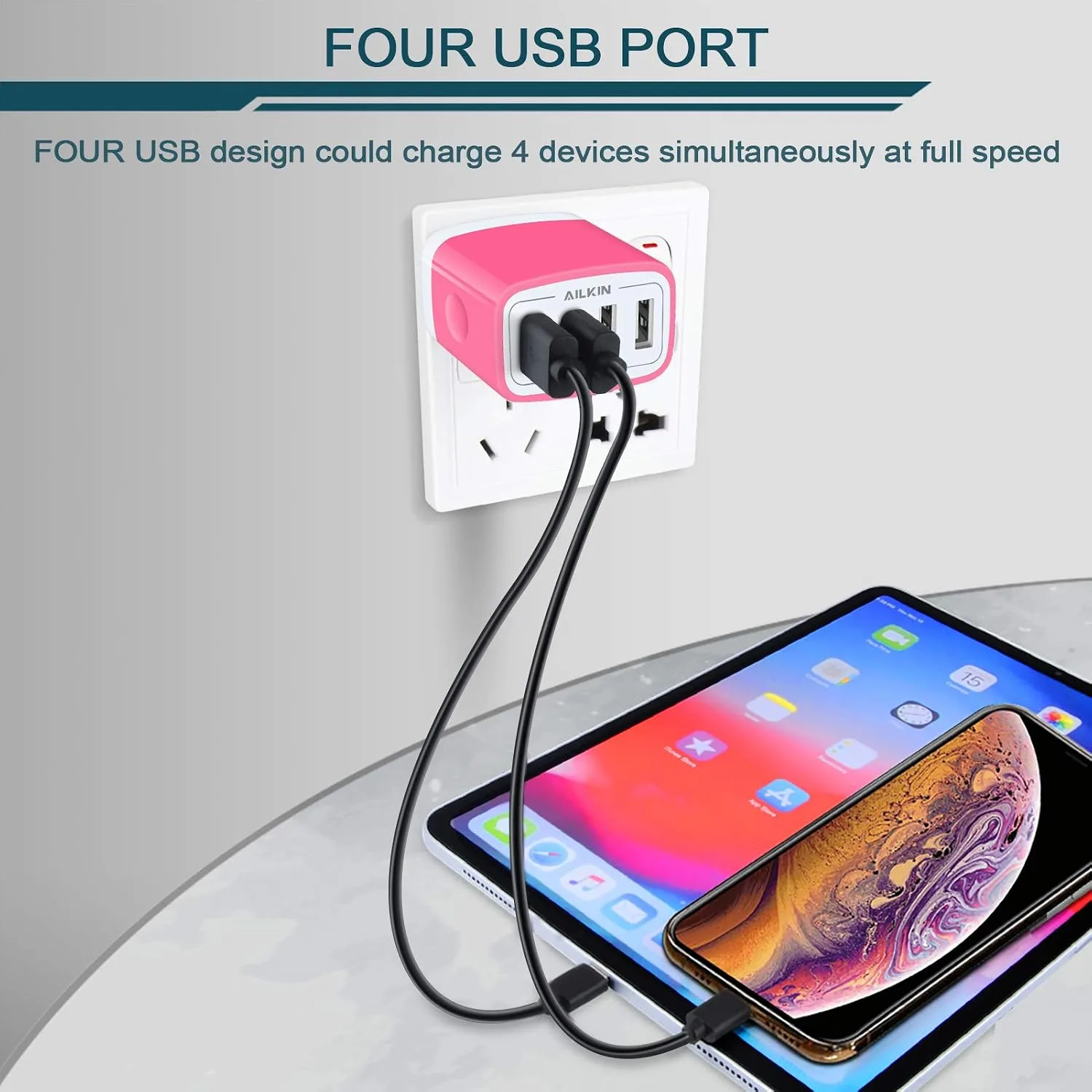 USB Charger Cube, Wall Charger Plug, AILKIN 4.8A 4-Muti Port USB Adapter