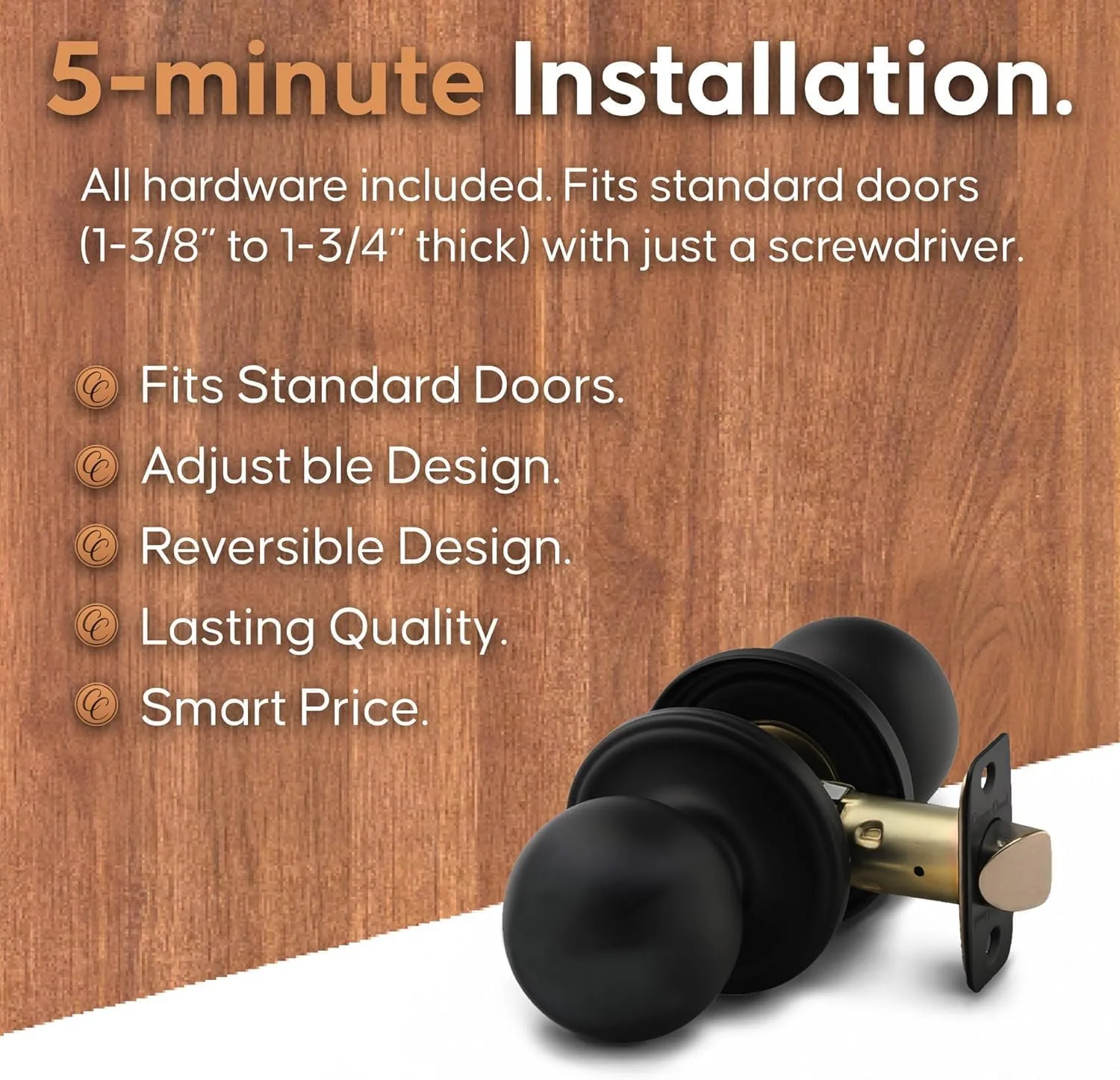 Copper Creek Passage Interior Door Knob – ANSI Grade-3 Certified, Modern Heavy Duty Handle, Easy Install and Reversible for Bedroom, Bathroom & Closets – Matte Black (1 Pack)