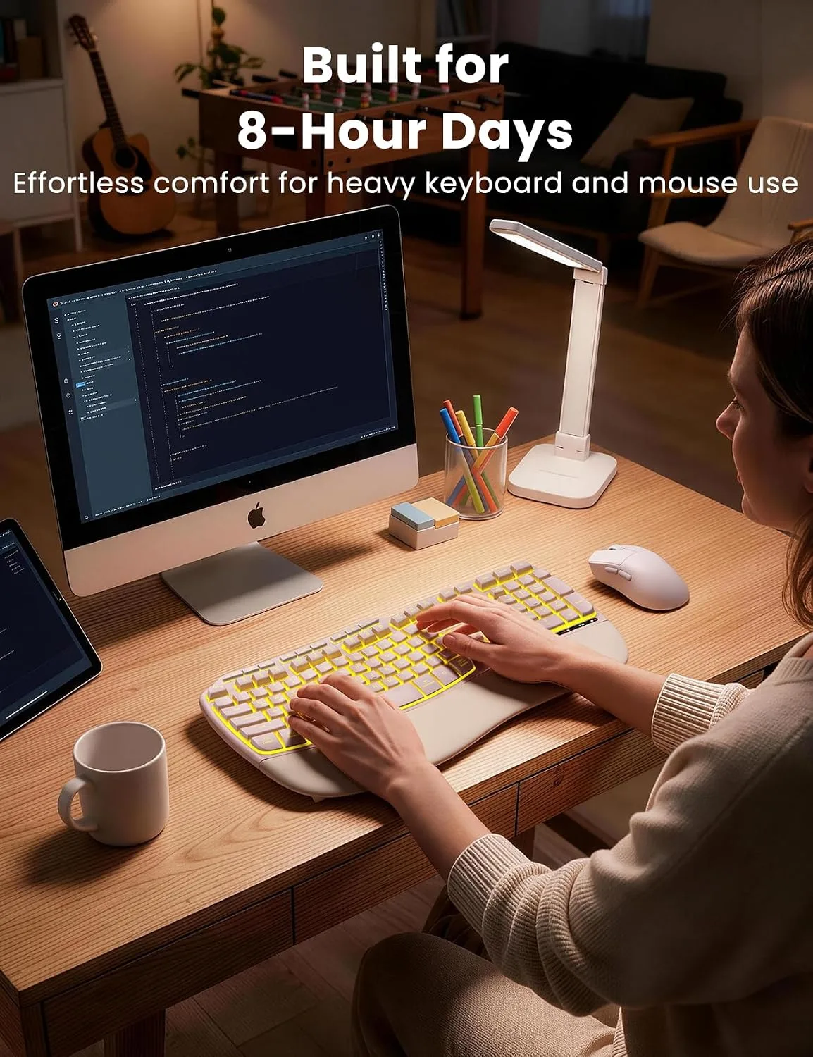 Pink Ergonomic Wireless Keyboard and Mouse Combo, Rechargeable 4000mAh Backlit Keyboard with Soft Faux Lambskin Palm Rest, Wave Keys for Natural Typing, Compatible with Windows/Mac/Chrome OS