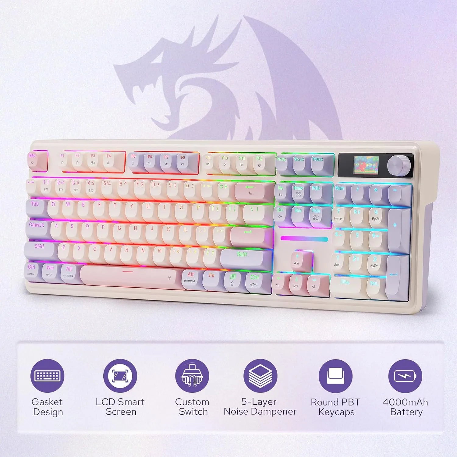 Redragon K762 PRO Wireless 104-Key Gasket Gaming Keyboard, Screen & Knob
