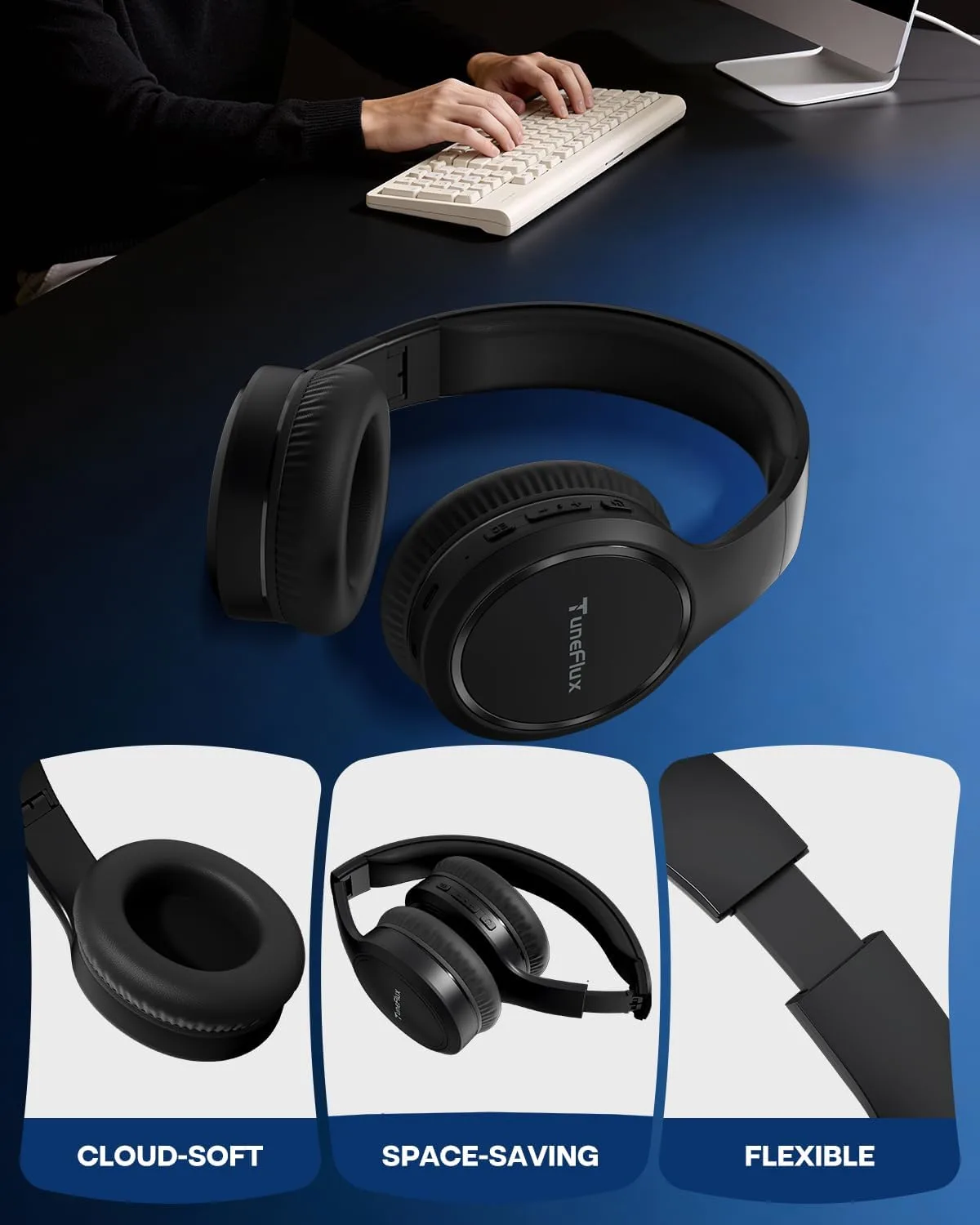 TuneFlux Bluetooth Headphones, 70H Playtime, Over-Ear, 3 EQ Modes-Black