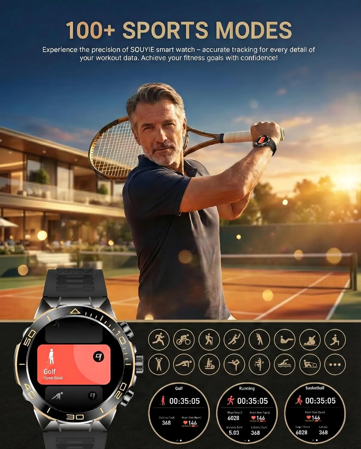 SOUYIE Men's Smart Watch with Bluetooth Call, 1.43" AMOLED Round Dial