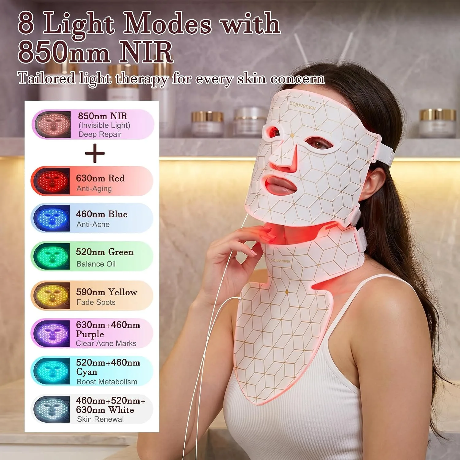 Red Light Therapy Mask for Face, Neck & Body, 8 Colors LED Mask 850nm NIR