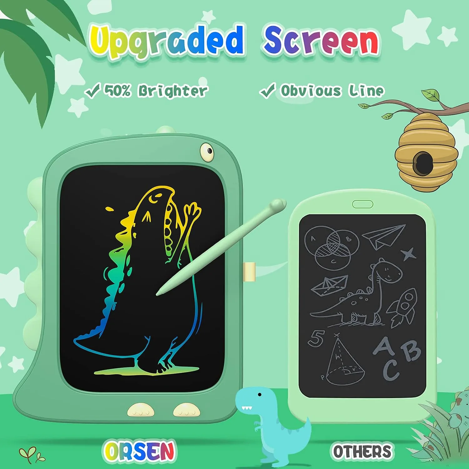 8.5 Inch LCD Doodle Board Tablet Toy - Green Dinosaur Drawing Pad for Kids 2-6 Years Old - Christmas and Birthday Gifts