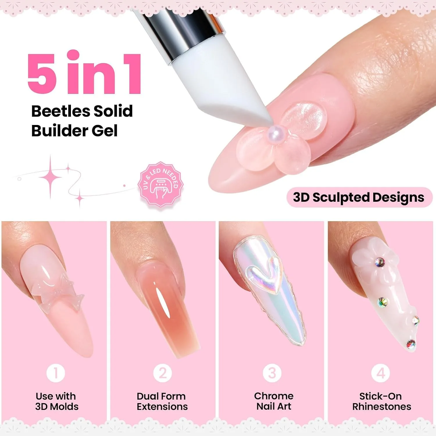Beetles 3D Gel Nail Art & 3D Mold, 2 Pcs Clear & Pink with Sculpting Pen