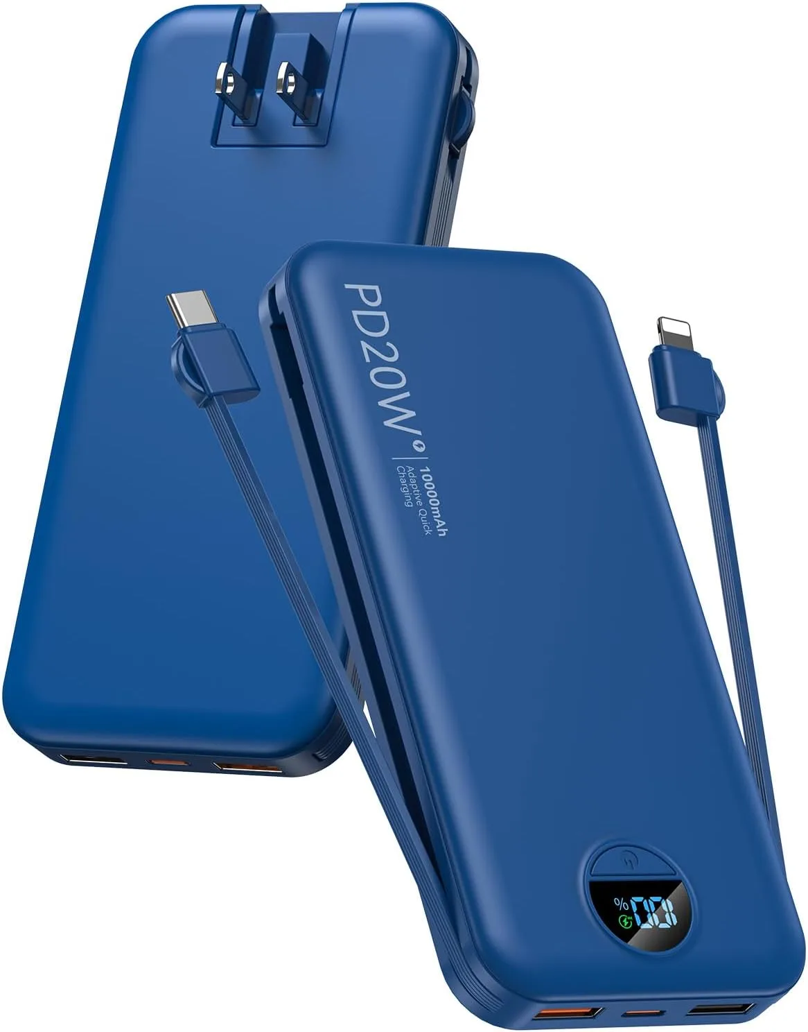 citicr Portable Charger 10000mAh PD20W w/Built-in Cables & Wall Plug Navy