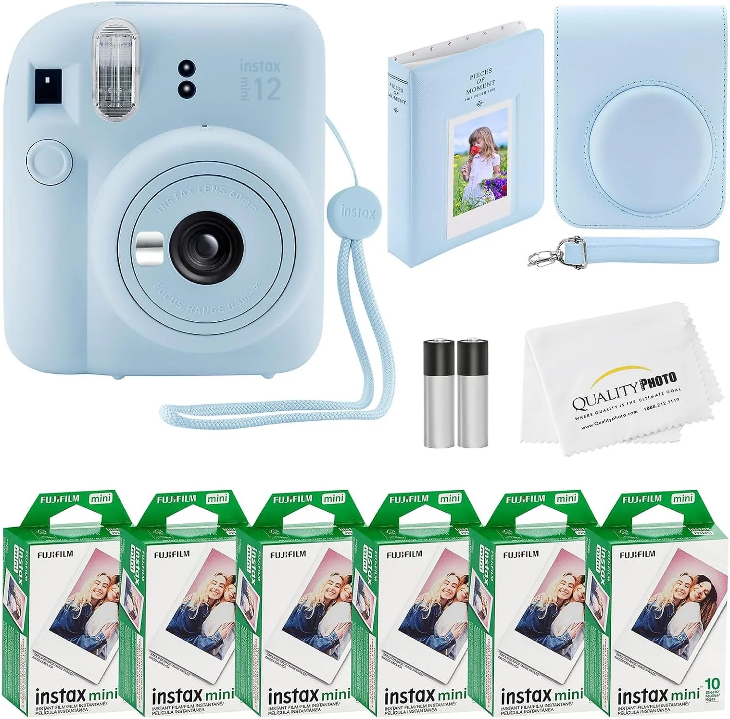 Cámara instantánea Fujifilm Instax Mini 12 Azul Pastel con 60 fotos y accesorios