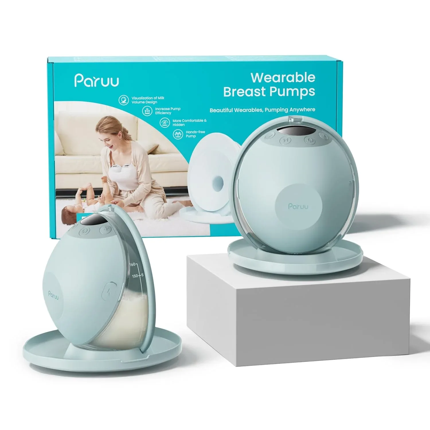 Extractor de leche Paruu P20 eléctrico portátil manos libres 4 modos 12 niveles succión pack 2 unidades verde claro