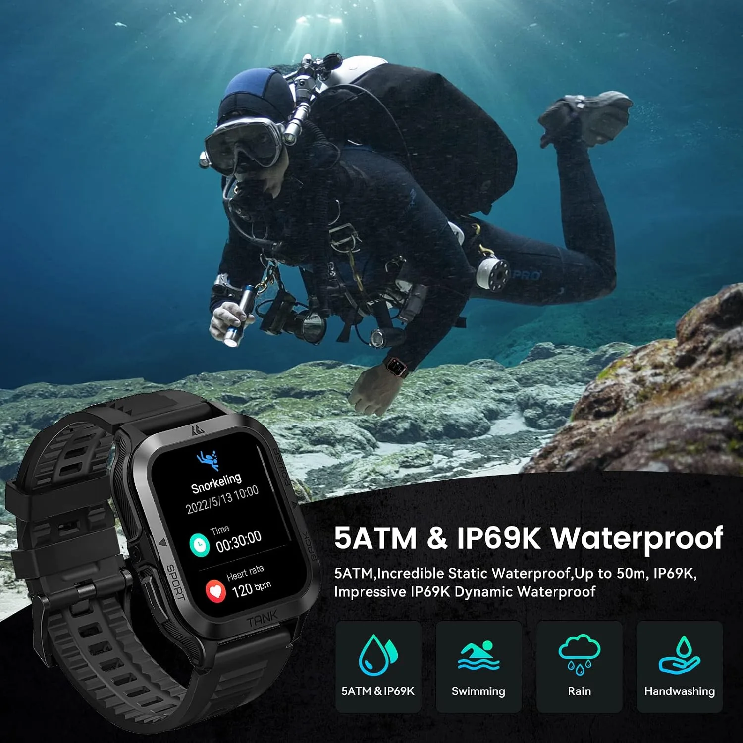 AMAZTIM M2 Smart Watch, 5 ATM & IP69K Waterproof, Extra-Long Battery Life