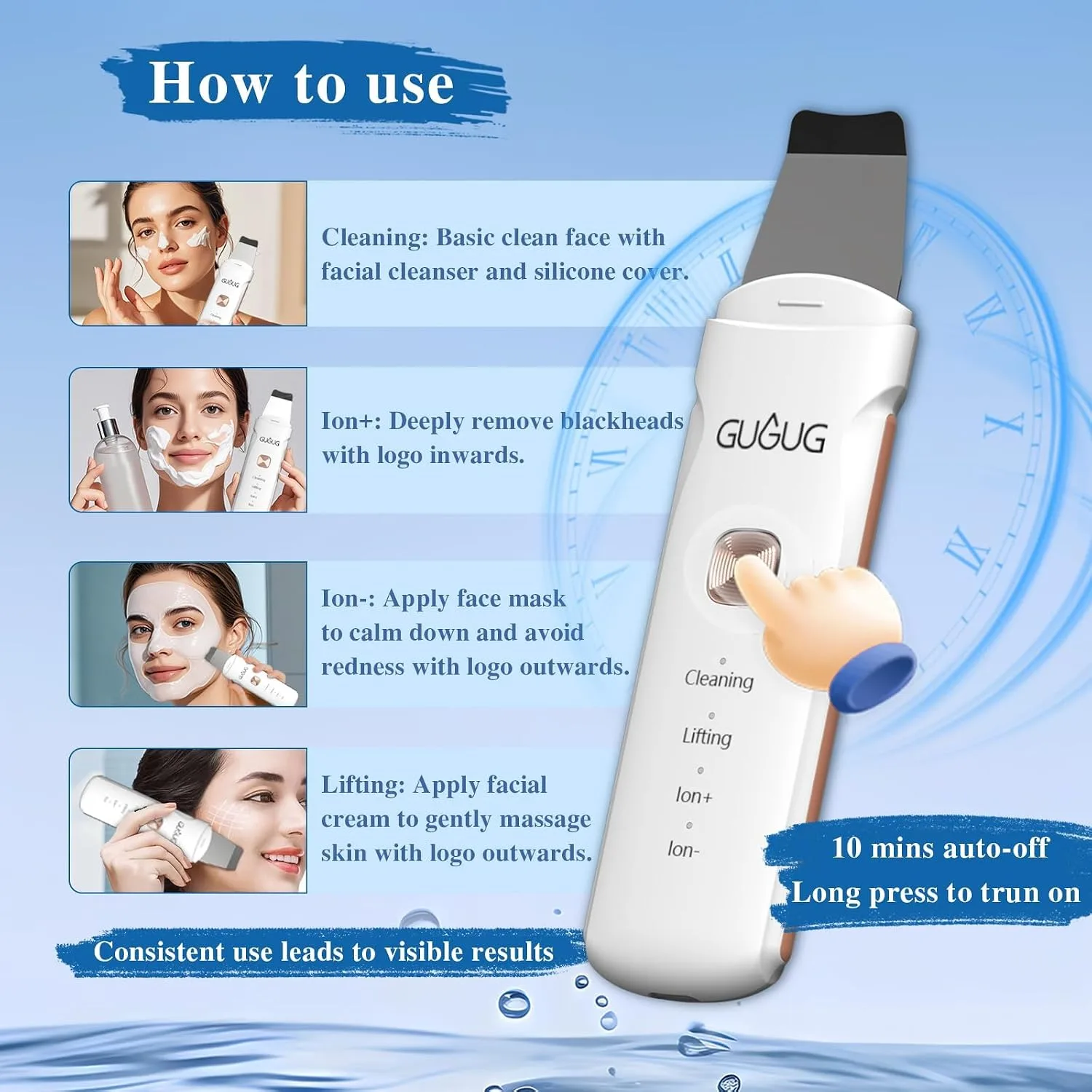 GUGUG Waterproof Skin Scrubber 4-in-1 Facial Spatula Pore Cleaner for Face