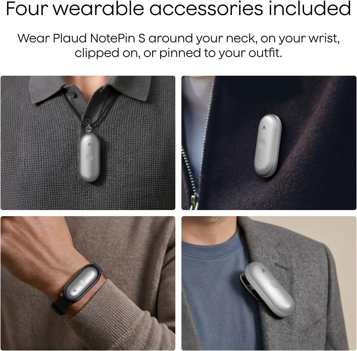 Plaud NotePin S Wearable AI Voice Recorder, Transcribe & Summarize, Silver
