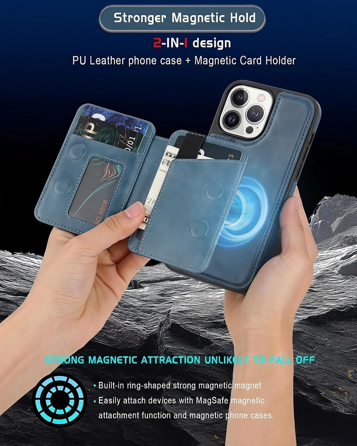 Magnetic Detachable Wallet Case for iPhone 14 Pro Max with Kickstand,2-in-1 MagSafe Compatible RFID Blocking Card Holder,Slim PU Leather Cover Blue