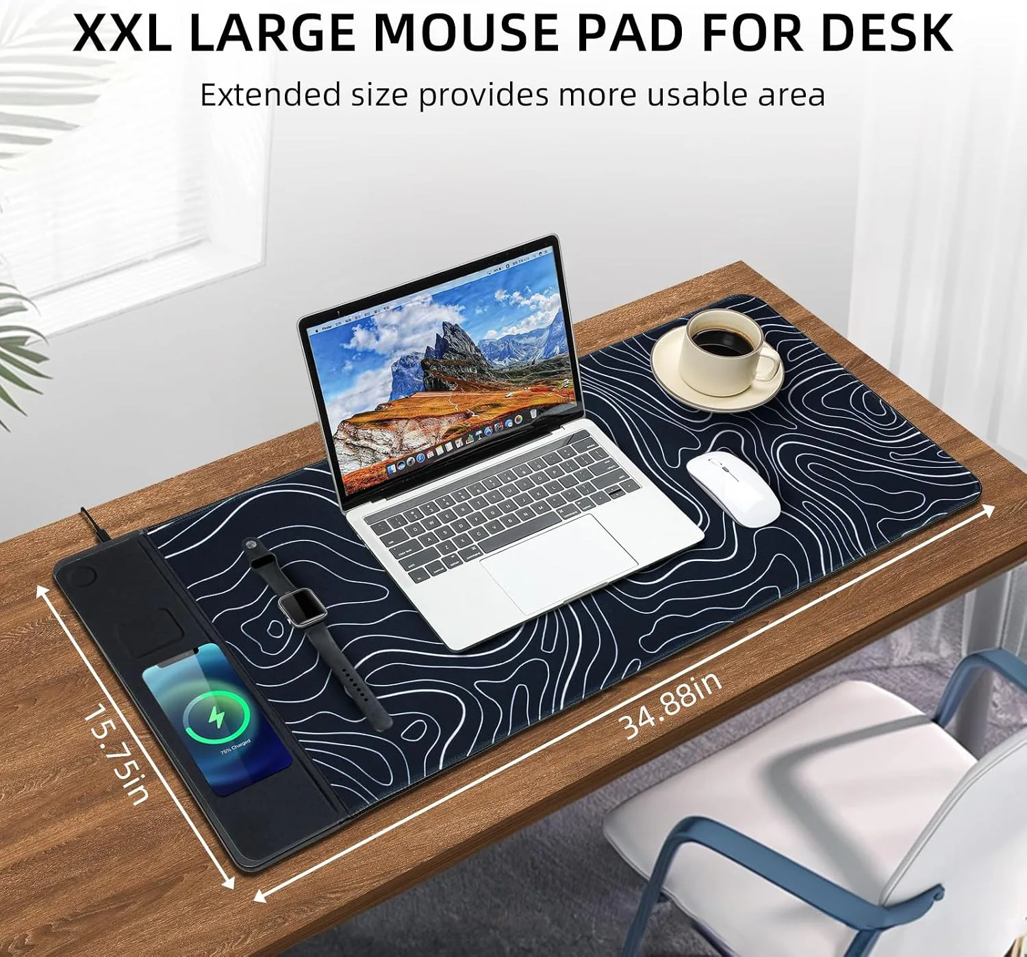 VOVIPO 3 in 1 Wireless Charging Mouse Pad, Gift for Dad/Office Manager,Wireless Charger Compitable with iPhone/Watch/airpods. Wireless Charging Desk Mat 90 x 40cm,Black Topographic Computer Desk Pad
