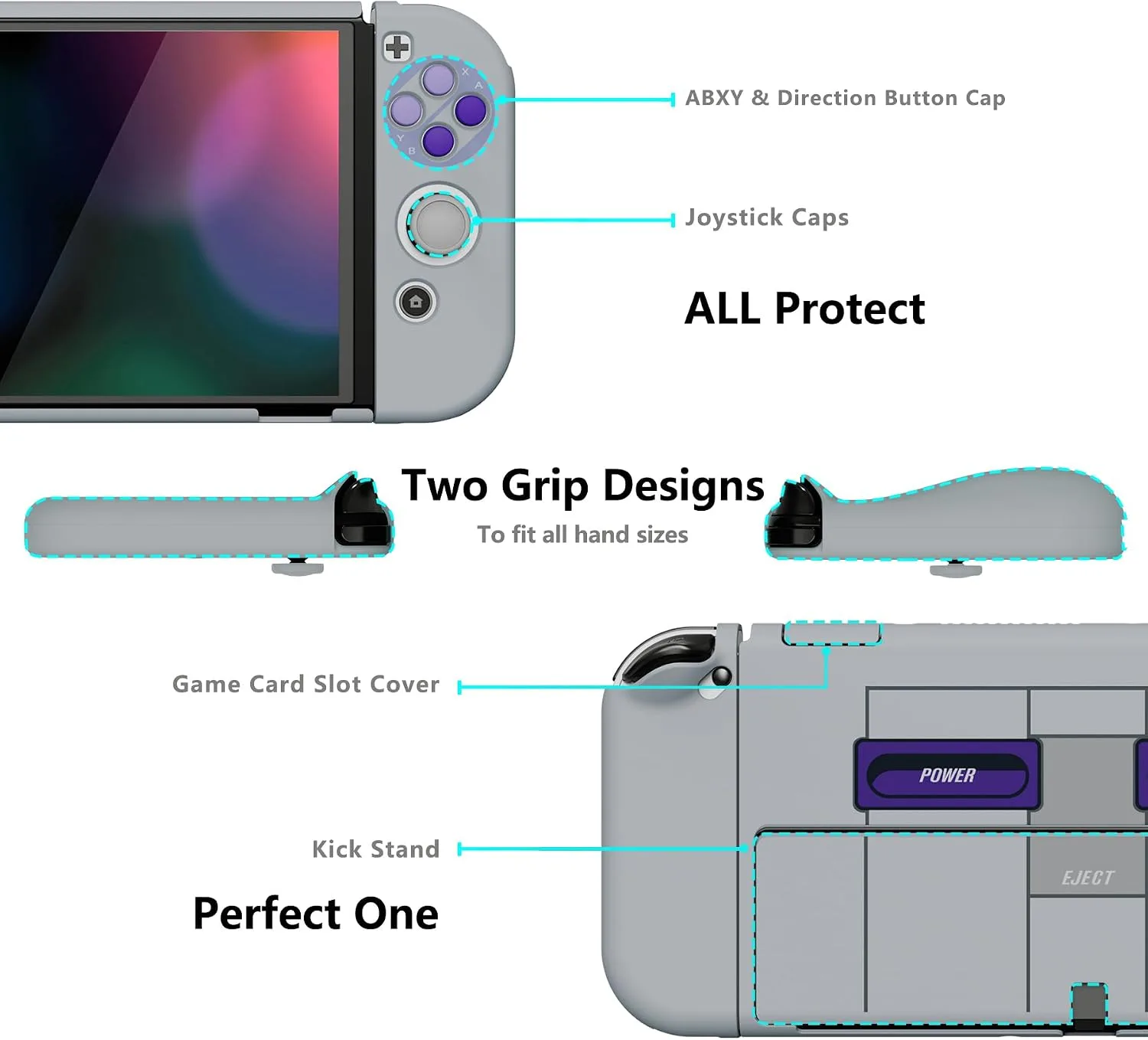 PlayVital AlterGrips Protective Slim Case for Nintendo Switch OLED, Ergonomic Grip Cover for Joycon, Dockable Hard Shell for Switch OLED w/Thumb Grip Caps & Button Caps