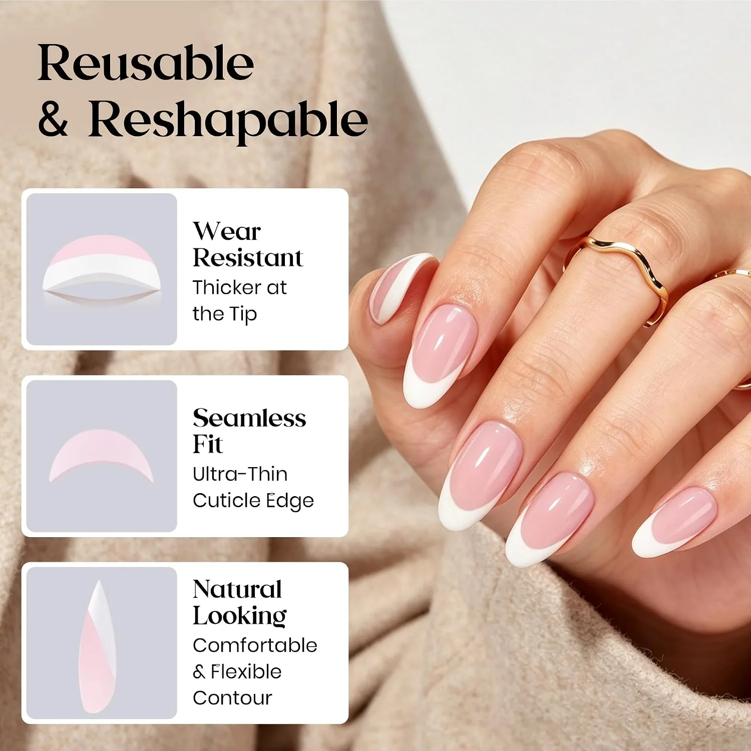 Beetles French Tip Press On Nails, 96-Piece Short Almond, 16 Sizes