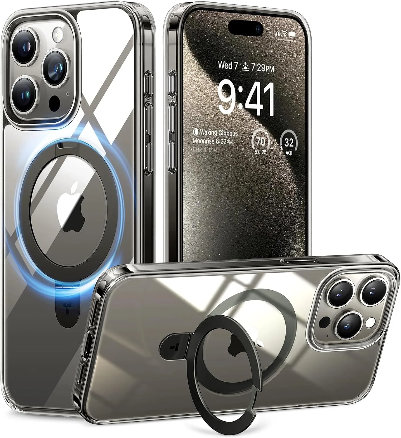 Funda con soporte magnético TORRAS para iPhone 15 Pro Max Gris Transparente
