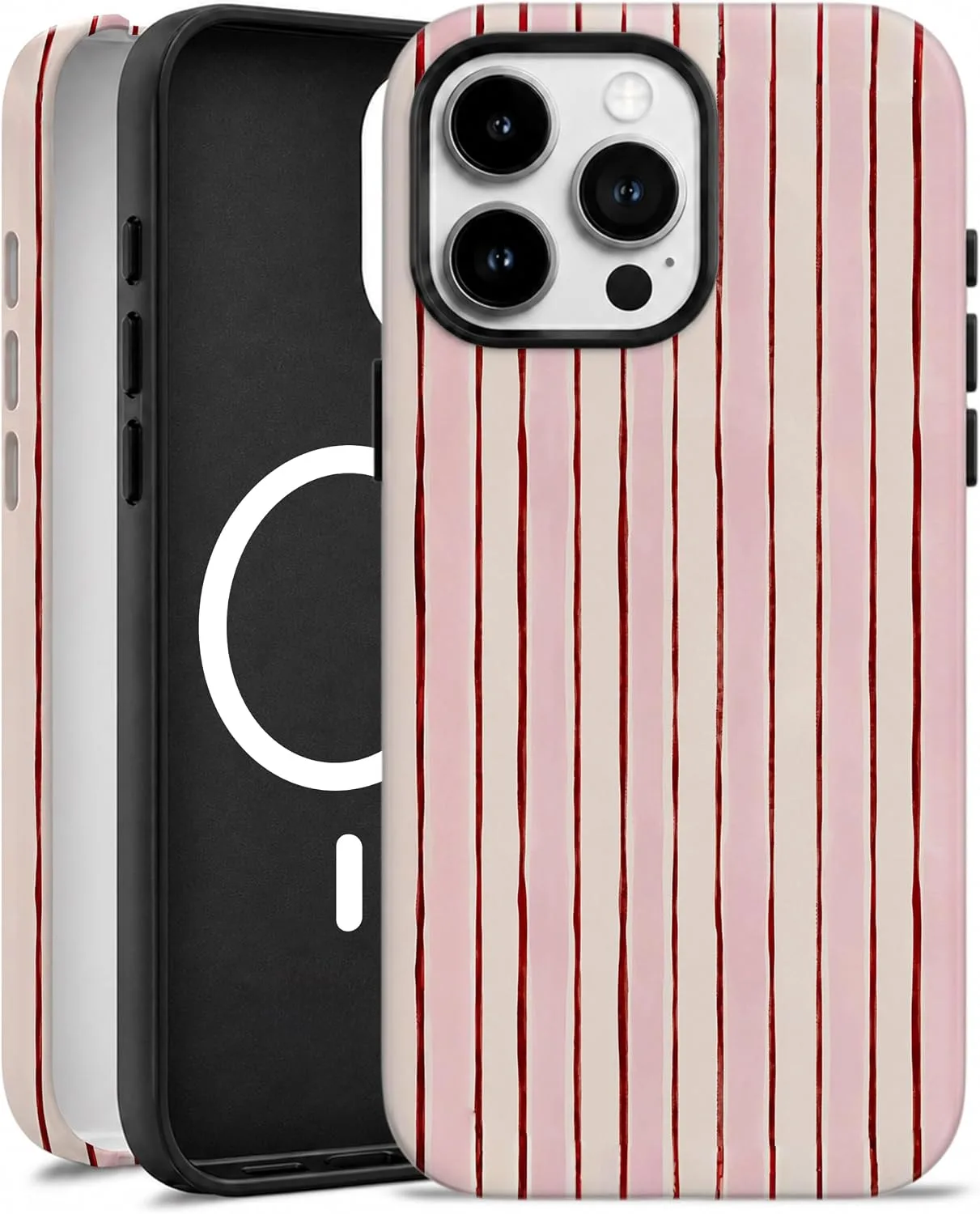 Funda magnética para iPhone 15 Pro Max Elystara rayas rosa y blanco