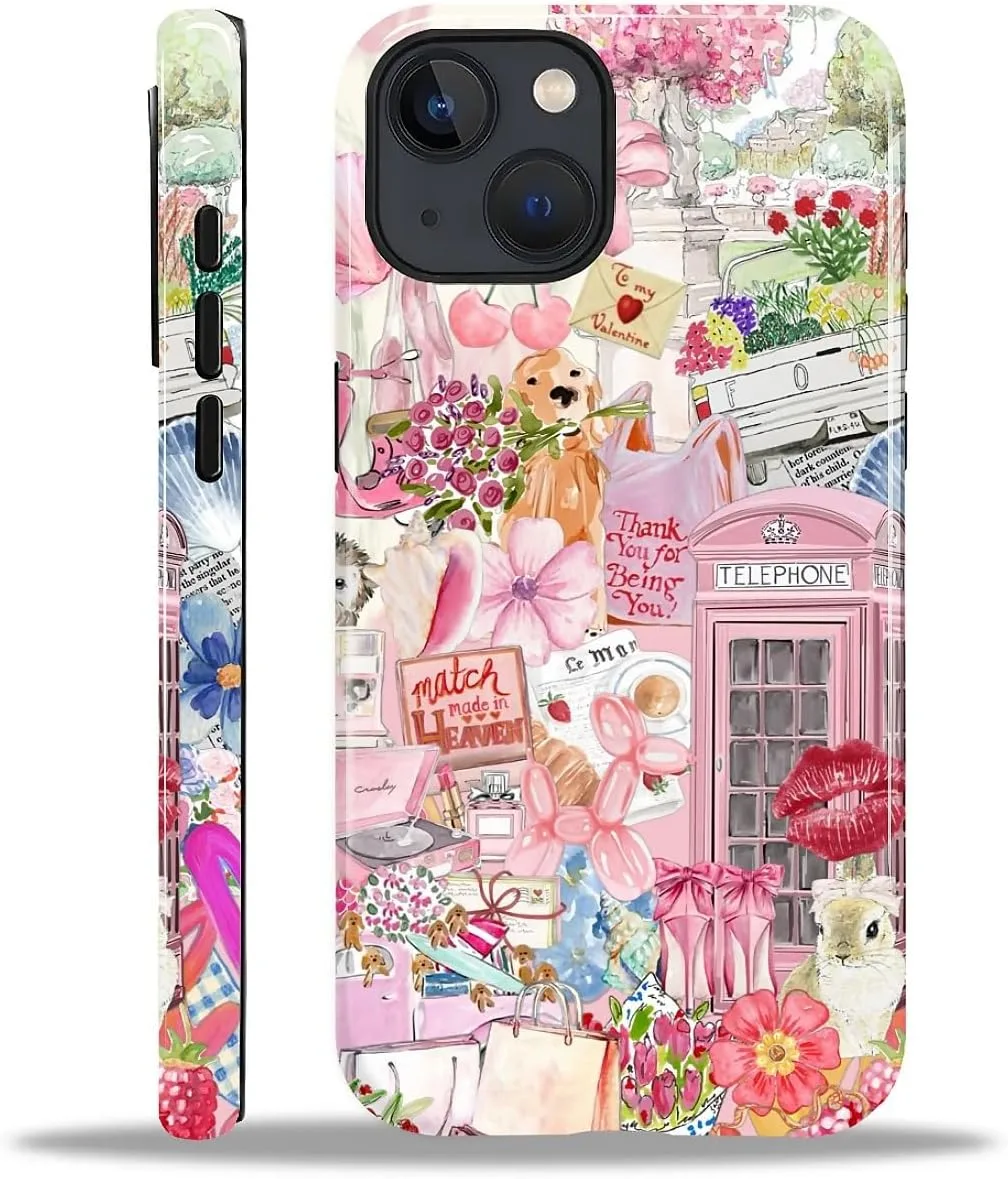DAIZAG Case for iPhone 15 Plus,Mixed 2 Layer Design Shockproof Soft TPU Ddouble Protection Phone Case for iPhone 15 Plus-Cute Pink Animal Garden Collage