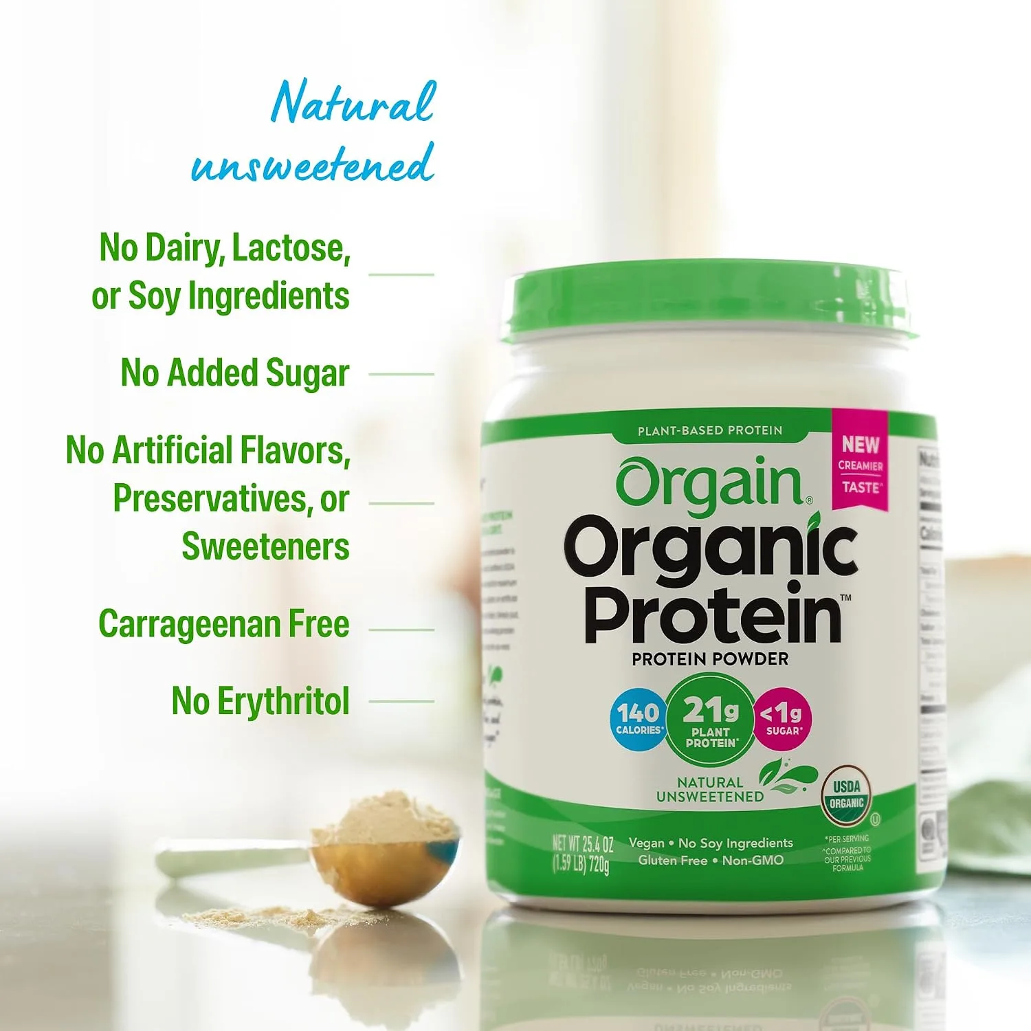 Orgain Organic Vegan 21g Protein Powder, Natural Unsweetened, 1.59 lb