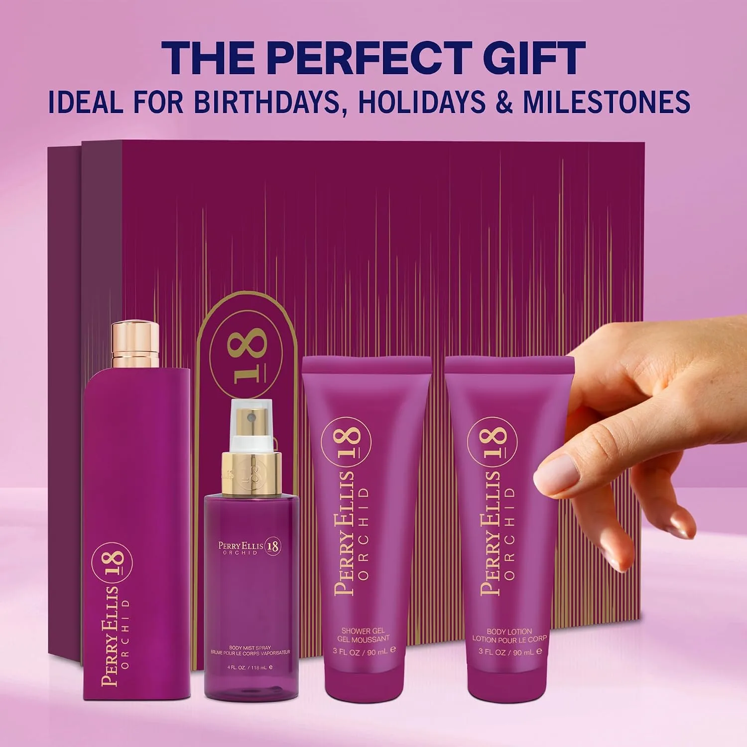 Perry Ellis 18 Orchid 4-Piece Perfume Gift Set for Women, Self Care Kit