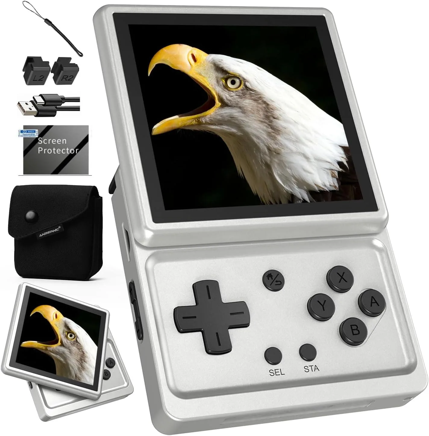 RG Rotate Retro Handheld Game Console Android 12 System Console with 3.5 inch Swivel Screen Unisoc T618 Chip 3GB+32GB, 2000mAh Aluminum Alloy Body with RG Rotate Carrying Case Bag