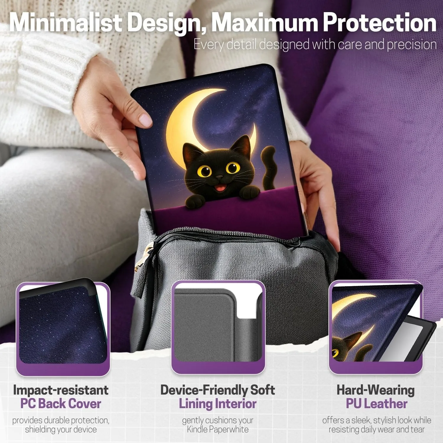 TNP Kindle Paperwhite 12th Gen Case, Colorsoft 7-Inch Cover, Cat Moon