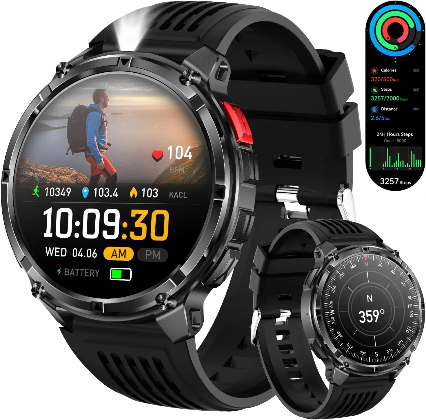 Smartwatch Fesmey Militar Sport para Hombre con Brújula, Linterna, Resistente al Agua y Batería de 100 Días