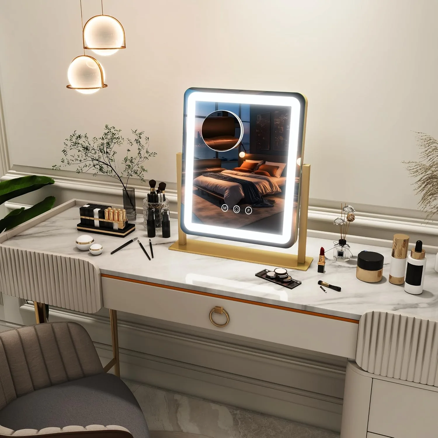 FENNIO Vanity Mirror with Lights - 15"x12.6" LED Lighted Makeup Mirror, Large Makeup Mirror with Lights, Touch Screen with 3-Color Lighting, Dimmable, for Vanity Desk Tabletop, Bedroom Gold