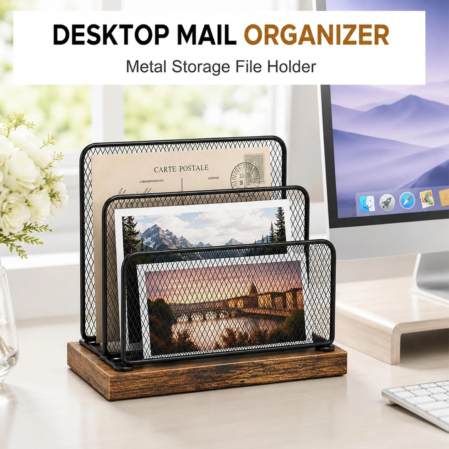OPNICE Wooden Mail Organizer, File Organizer for Desk, Brown