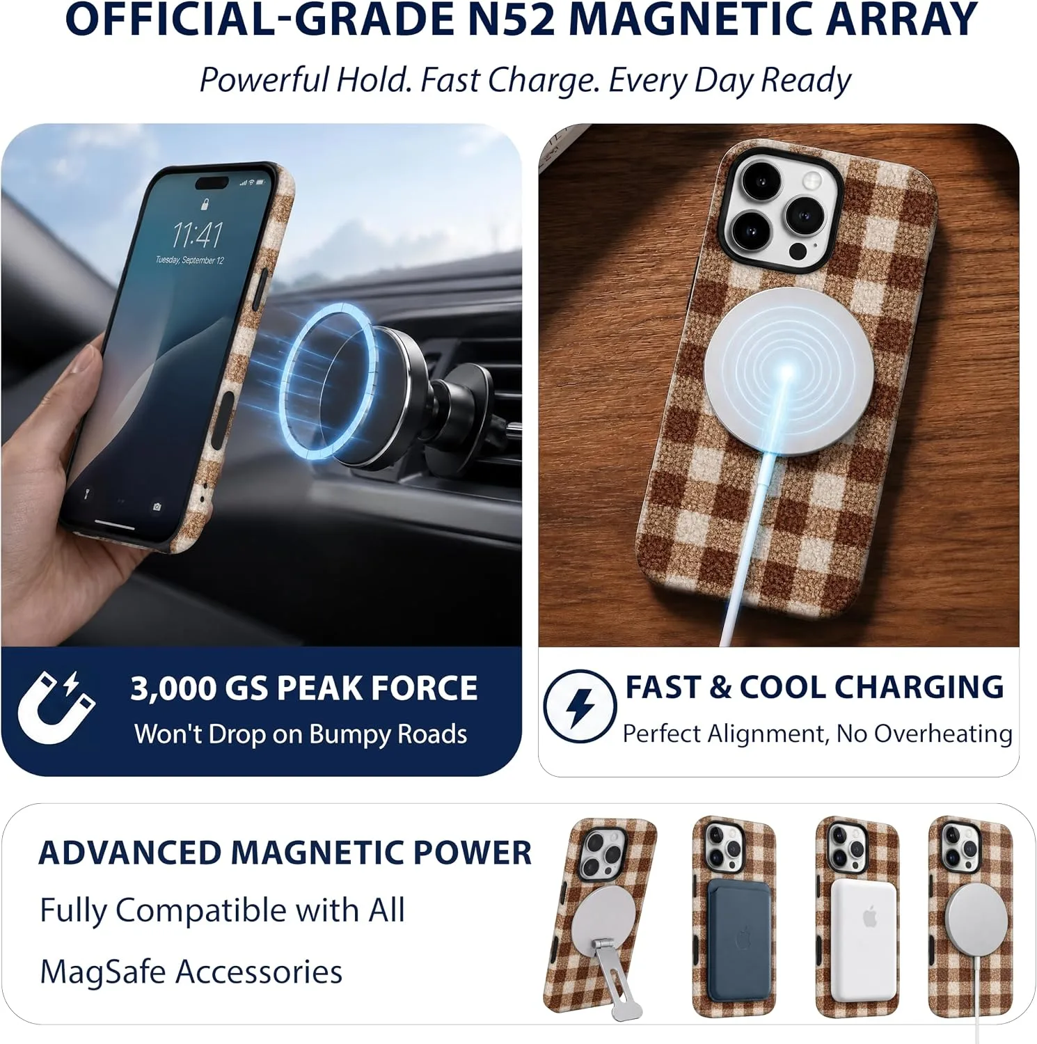 Magnetic for iPhone 16 Pro Max Chic Fall Brown Gingham Phone Case