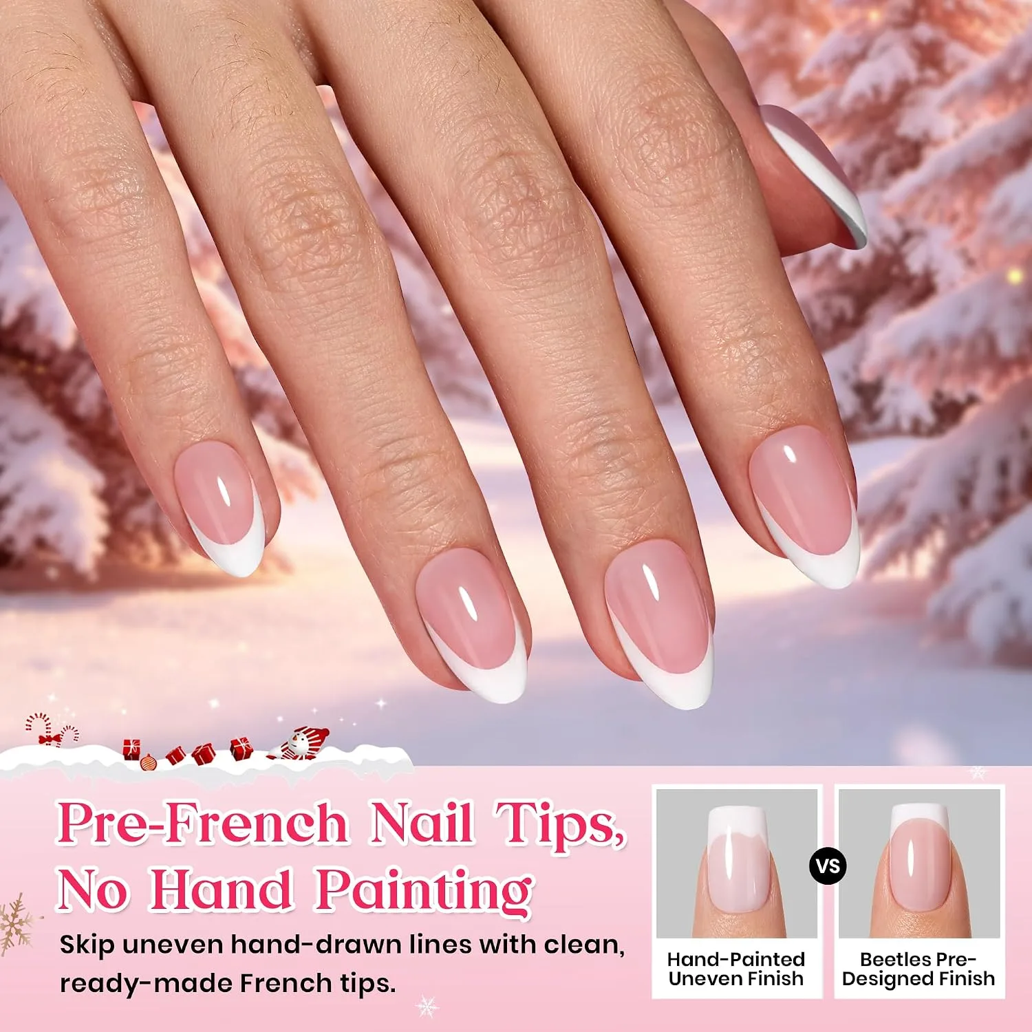 Beetles French Tips Press On Nails - 224 Pcs Short Almond Pink