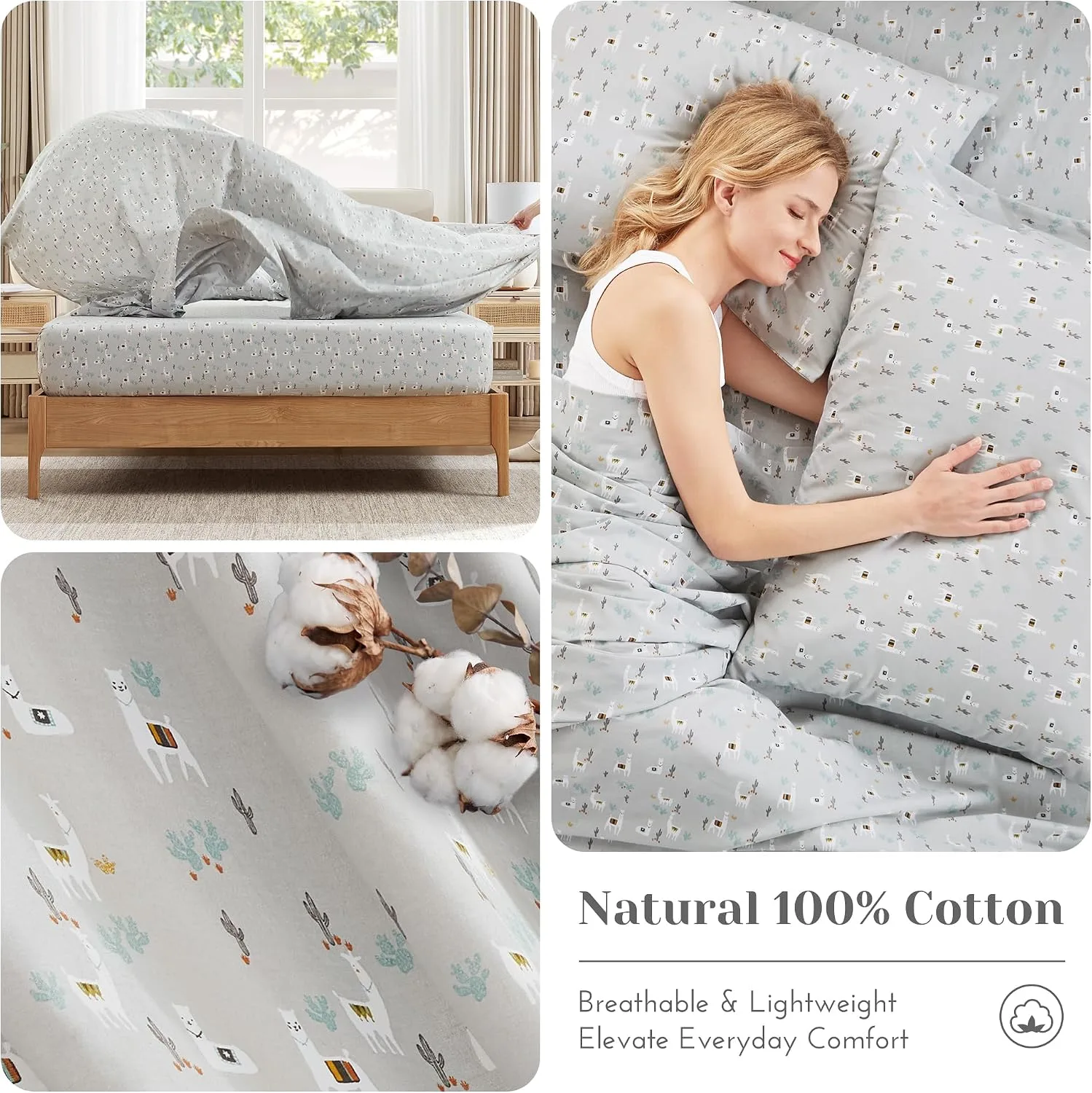 Comfort Spaces 100% Cotton Percale Sheets Queen Sheet Set 4 Pcs, Lama Multi
