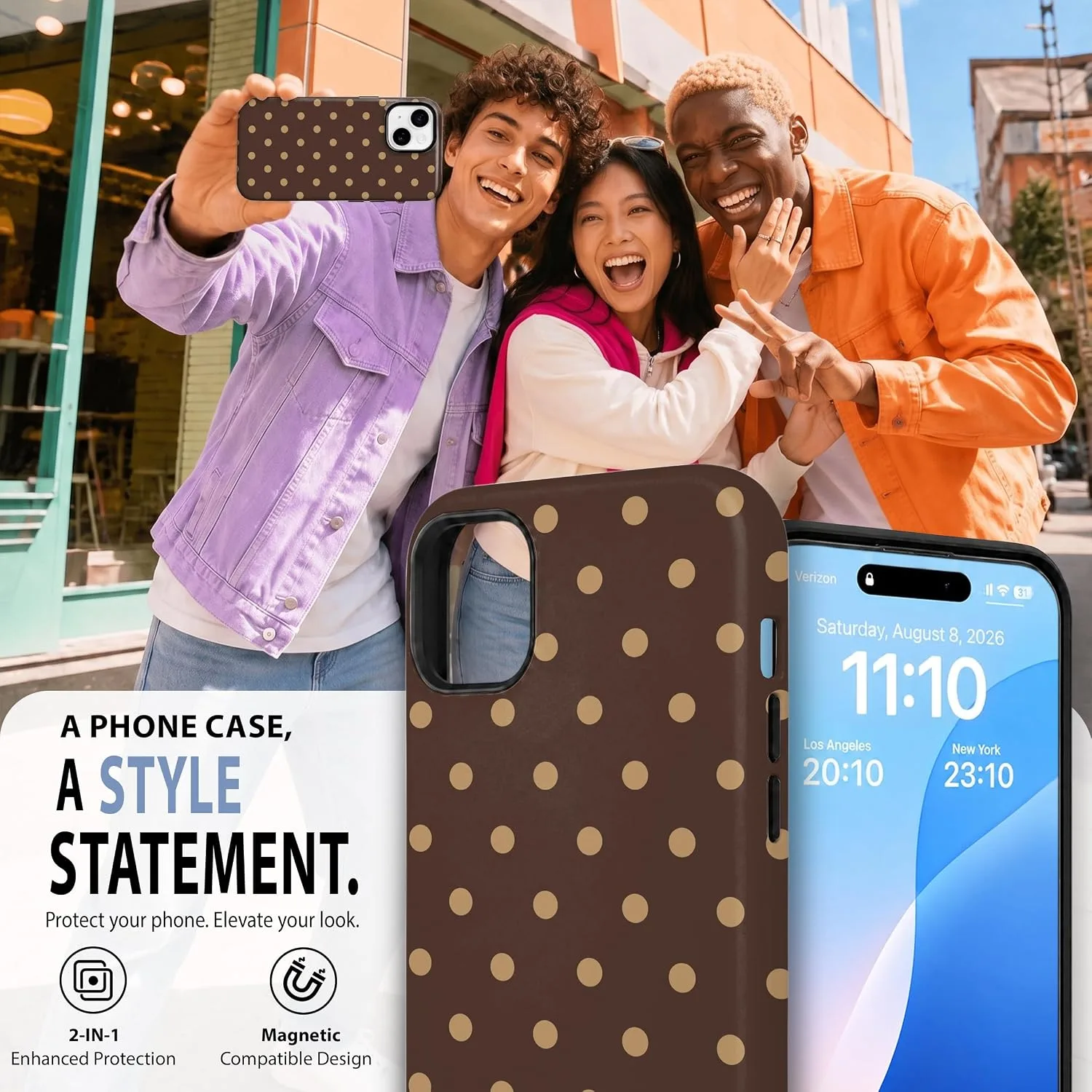 Magnetic for iPhone 15 Phone Case, Cute Brown & Cream Polka Dot