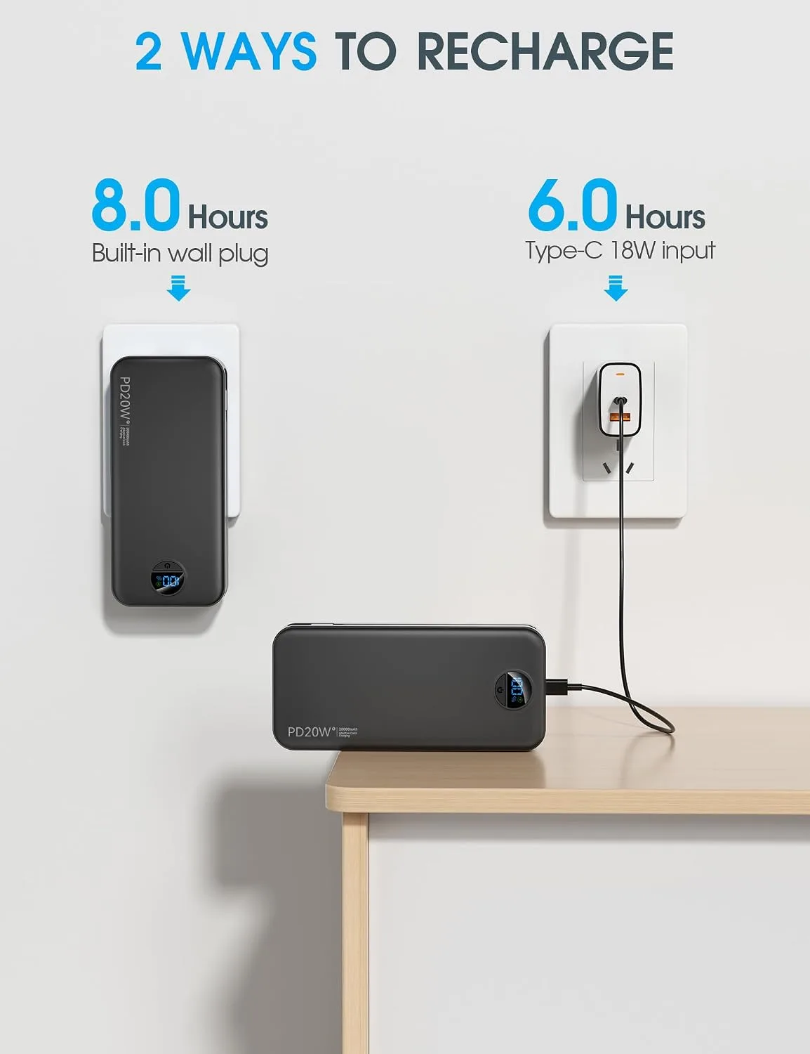 citicr Portable Charger 20000mAh PD20W w/Built-in Cables & Wall Plug Black