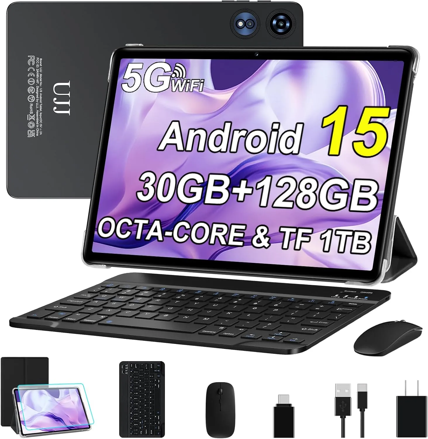 Tablet 10 inch Android 15 Tablets 30GB RAM 128GB ROM 1TB Expand, 8000mAh Octa-Core Tablets with Keyboard Mouse, HD IPS Display, Gemini AI, GPS, 5G WiFi, Widevine L1, Split-Screen - Metal Black