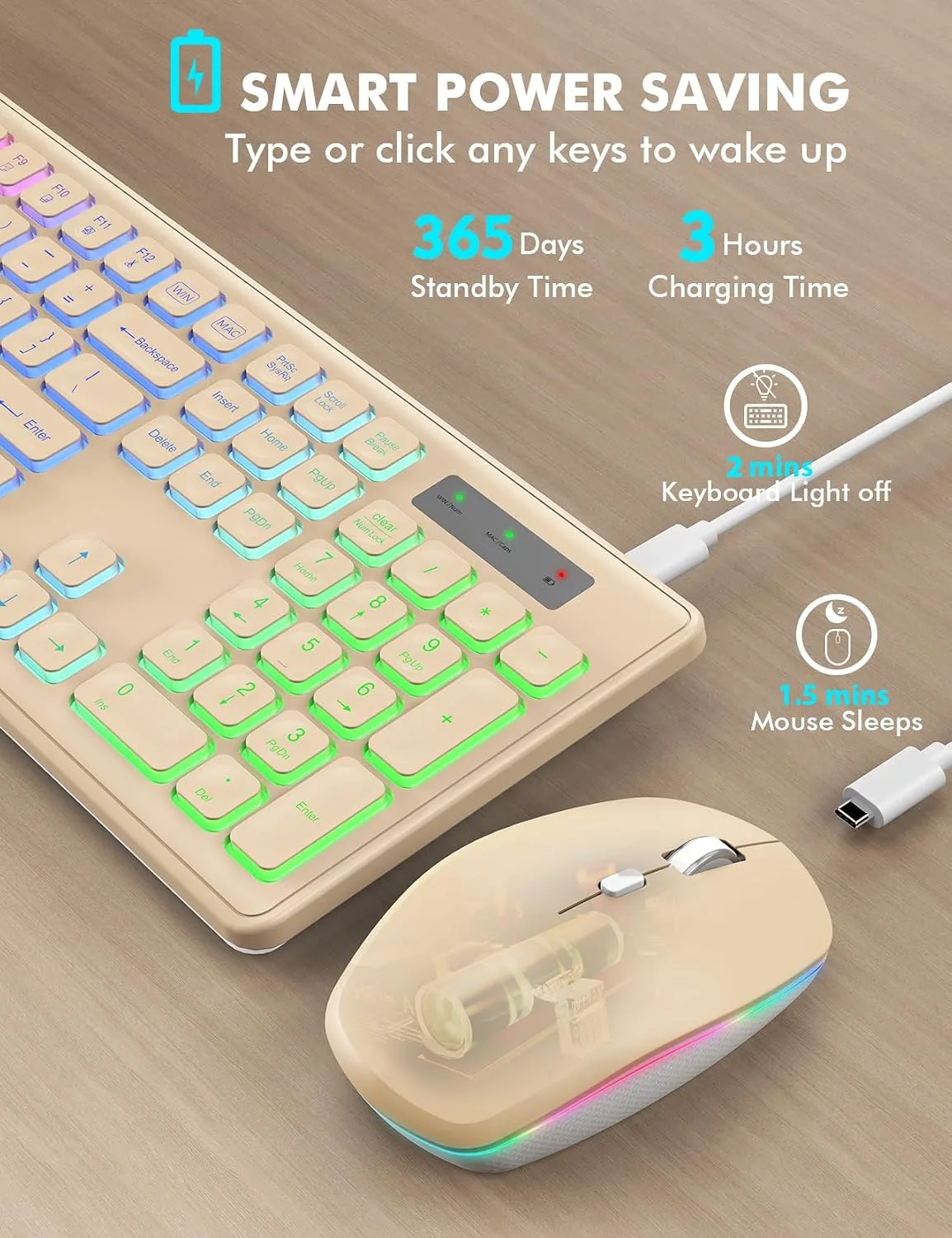 Wireless Keyboard and Mouse Combo with RGB Backlit, Rechargeable