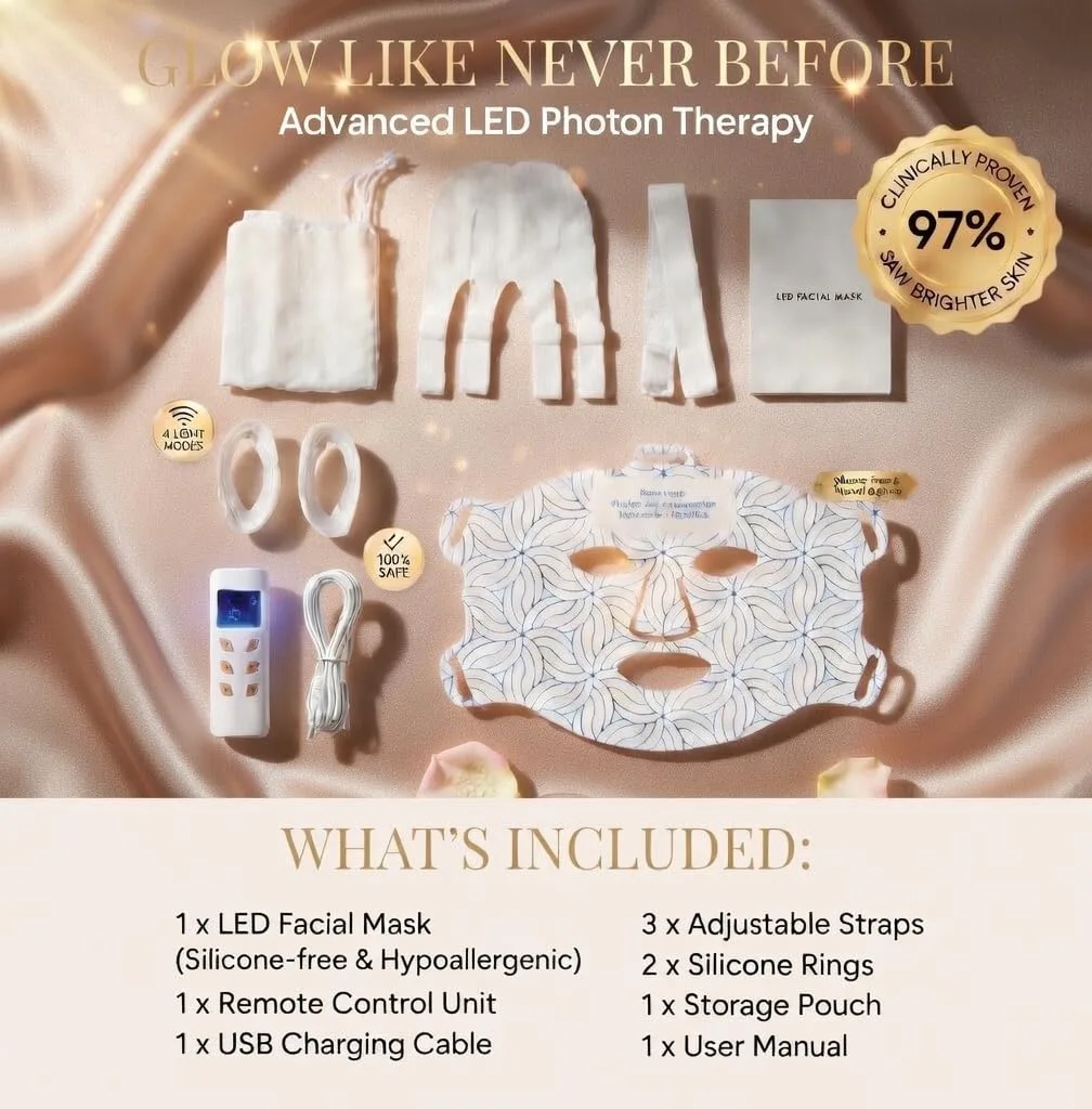 FDA Cleared LED Light Therapy Mask for Face - Infrared Red Light Therapy for Skin - Red Light Therapy for Face - 460nm Blue, 590nm Yellow, 630nm Red, 850nm NIR, 40mw/cm Irradiance