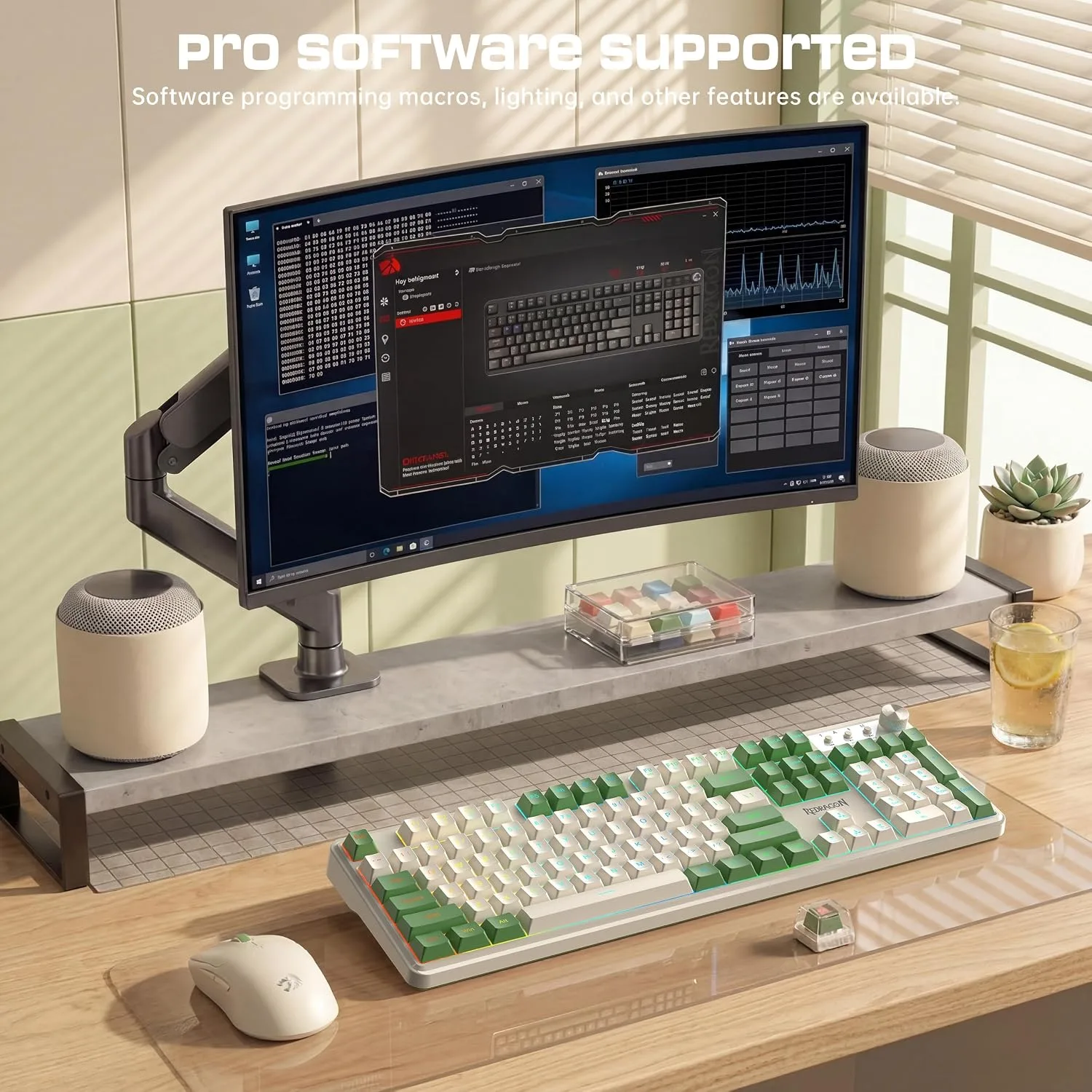 Redragon RM104 Wireless Gaming Keyboard with Knob, Tri-Mode BT/2.4G/USB-C RGB Computer Keyboards, 4000mAh Battery, Programmable Software Support, Anti-Ghosting, Compatible with PC Mac - White & Green