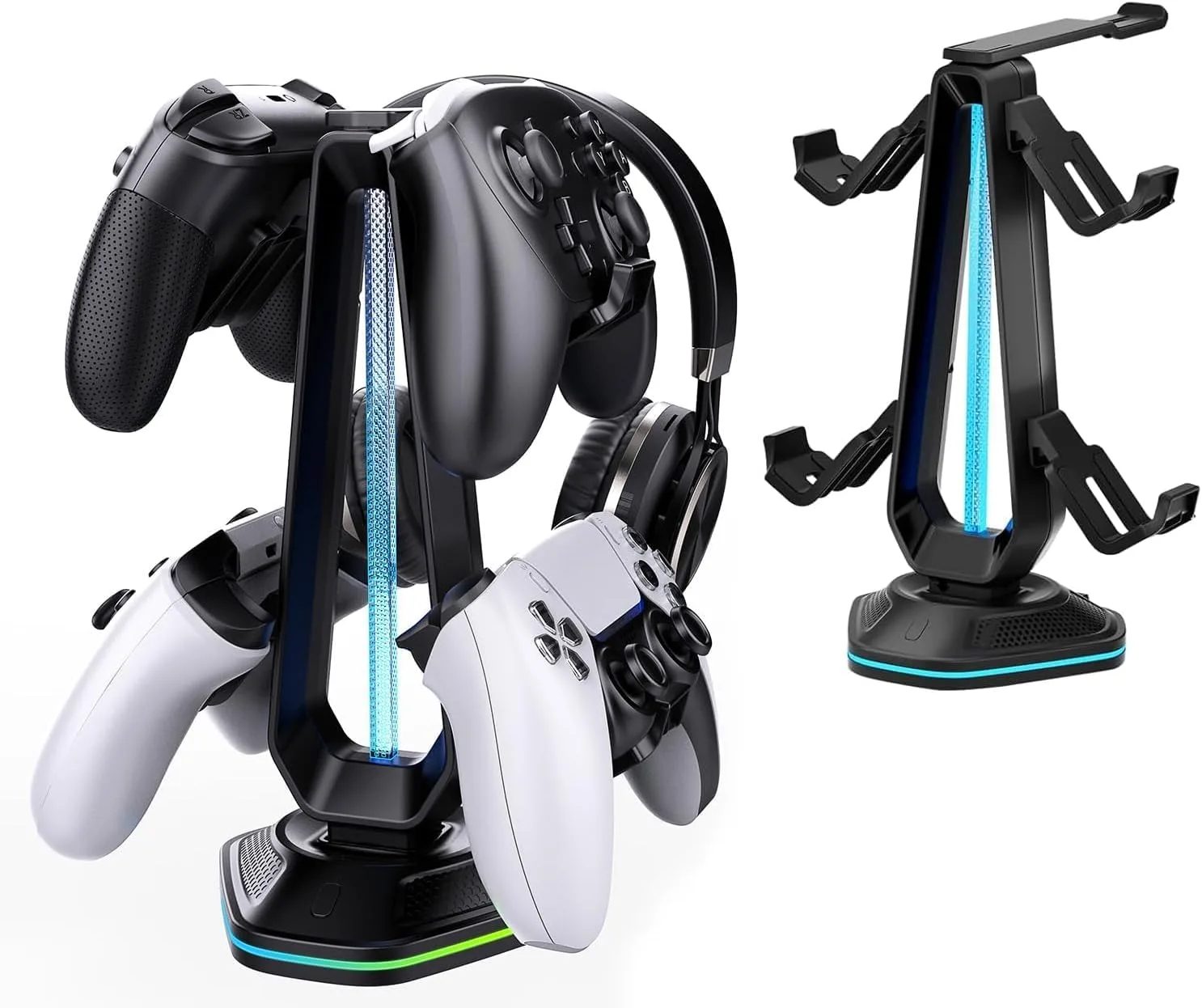 Saitake RGB Controller Stand, Gaming Controller Holder with 9 Light Modes, 2 USB Charging Ports, Headset Stand, Desk Organizer for Xbox PS5 PS4 Switch PC, 4 Controllers & 1 Headphone (Black)