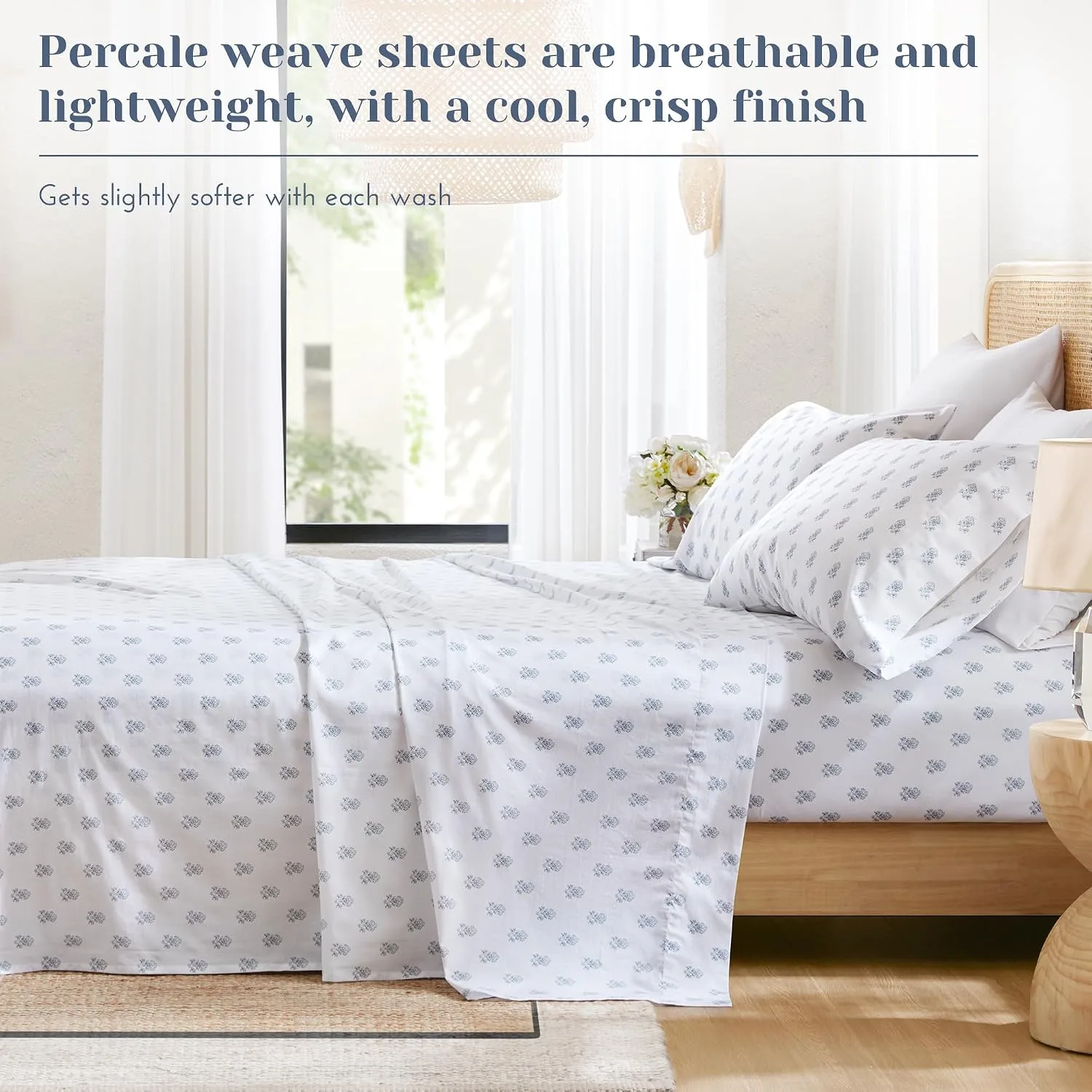Comfort Spaces 100% Cotton Percale Sheets Twin Sheet Set 3 Pcs, Floral Blue