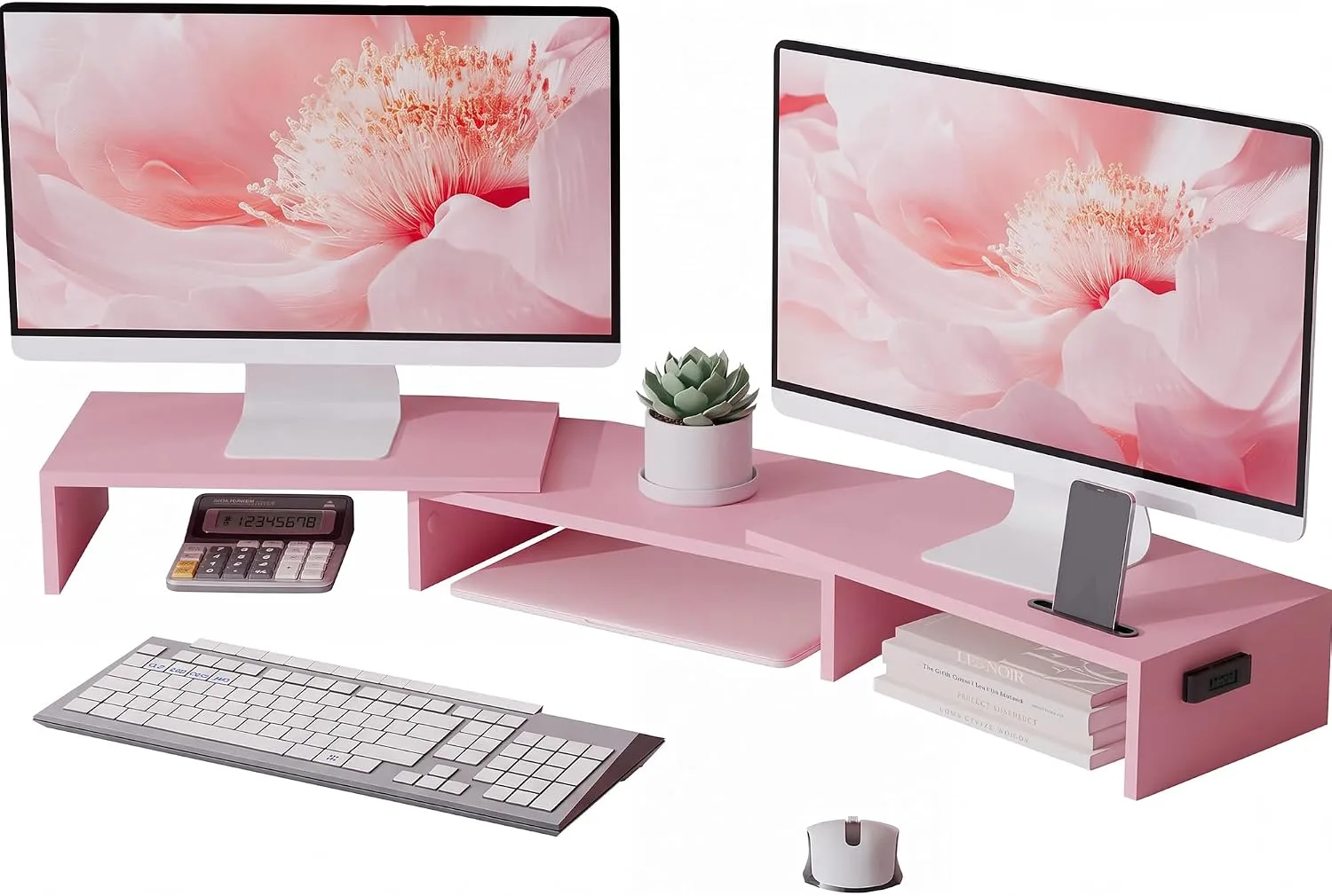 BONTEC Dual Monitor Stand Riser, Adjustable Length & Swivel Angle, Pink
